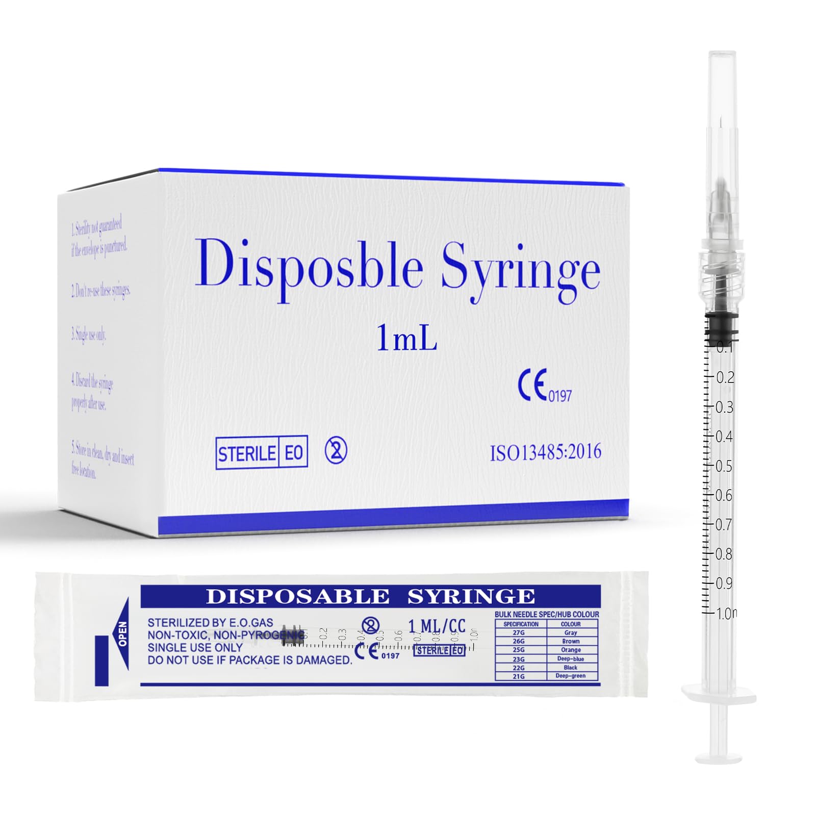 1ml Syringe with 27Ga 1/2inch Needle, 1cc Luer Lock Syringe, Pack of 100