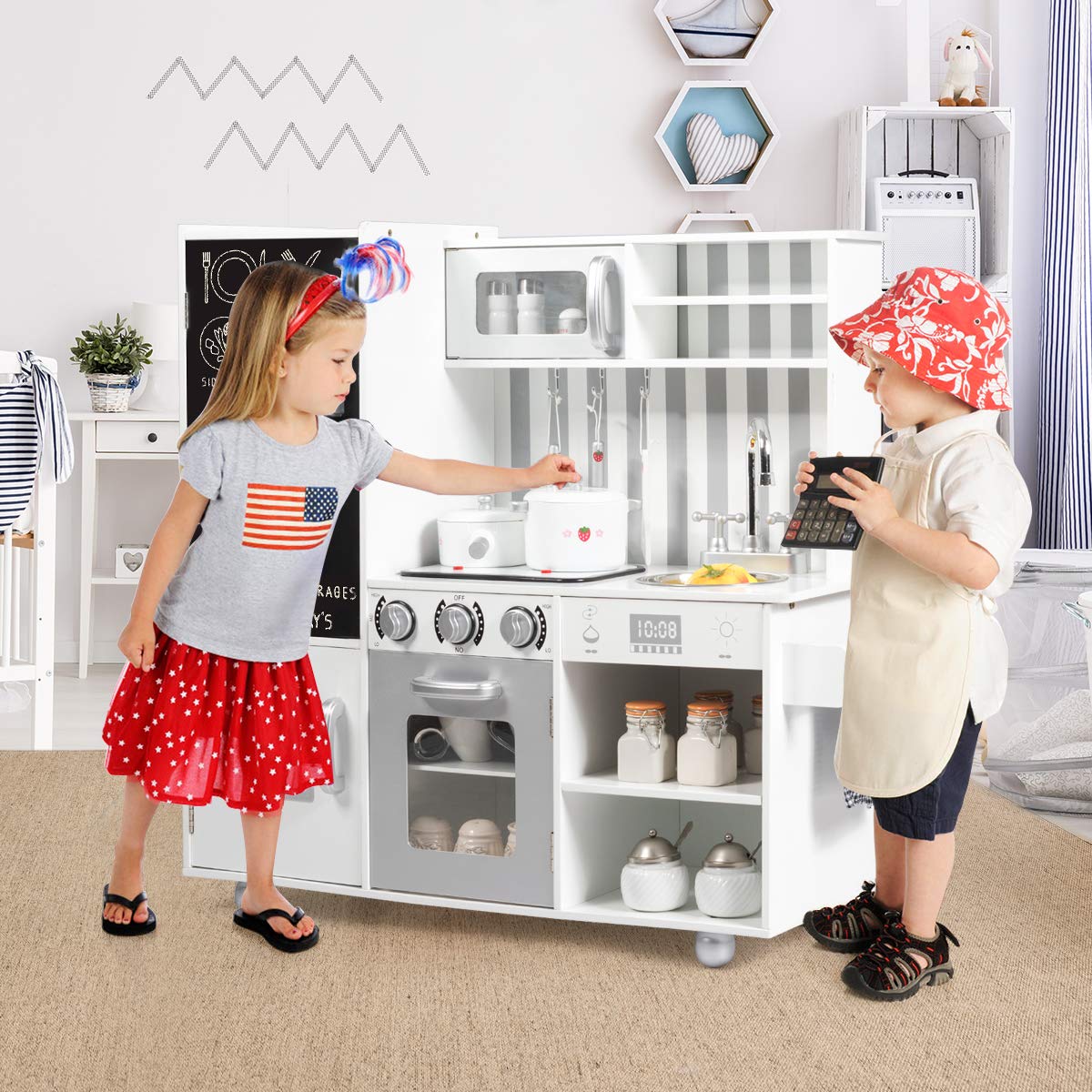 RELAX4LIFE Cucina Giocattolo in Legno per Bambini, Mini Cucina con Forno, Microonde e Frigorifero, Effetti Luminosi e Sonori, Natale/Compleanno/Feste