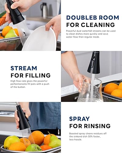 Miniatura 10 de BLYLUND Grifos de cocina con dispensador de jabón, grifo de cocina dorado cepillado con rociador desplegable 3 modos, grifos de fregadero de cocina