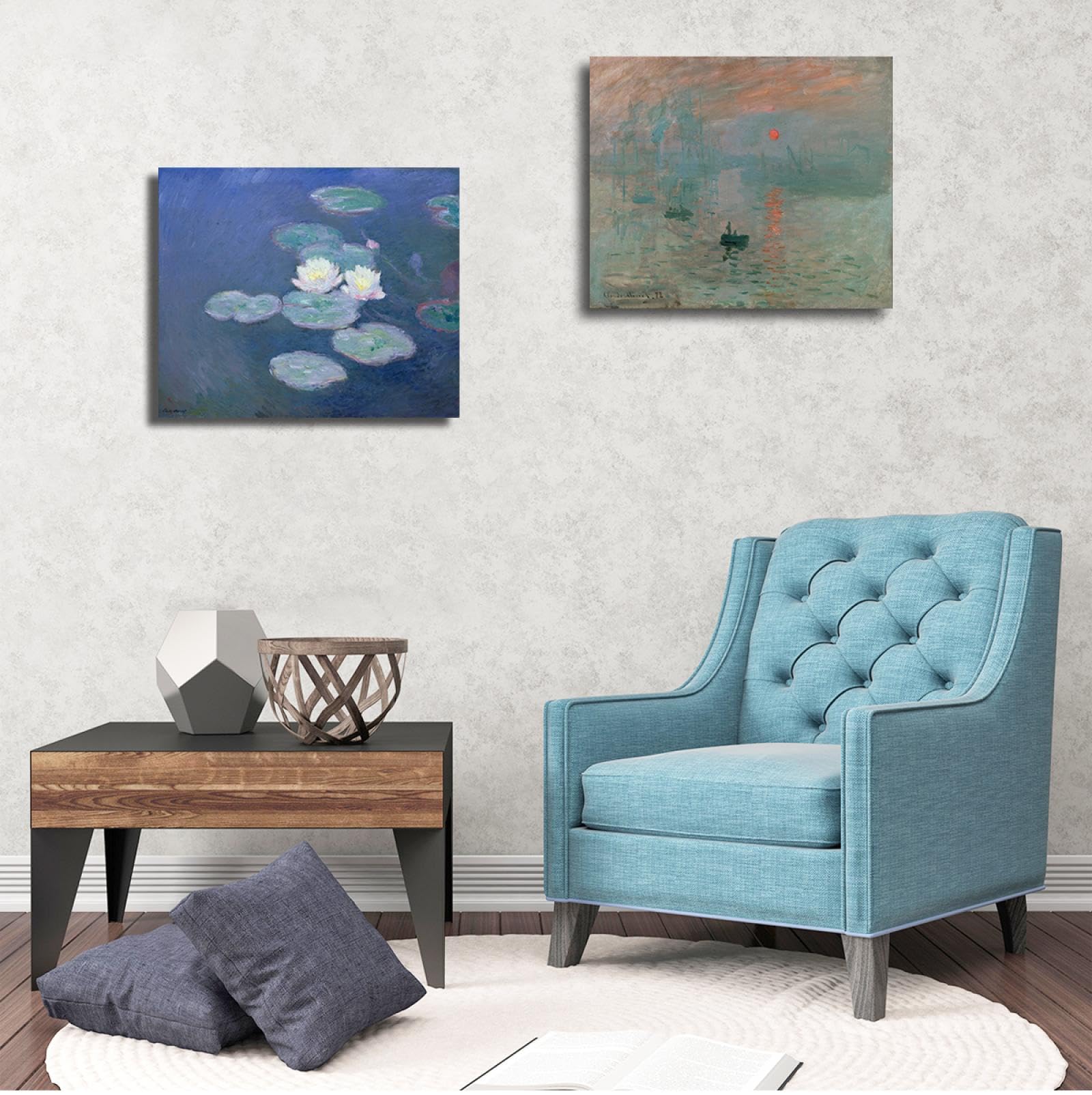 TOANGWALL Claude Monet 2pcs Leinwanddrucke Eindruck von Sonnenaufgang und rosa Seerosen Berühmte Gemälde Wandkunst für Klassenzimmer Home Decor 60x80cmx2pcs Innenrahmen