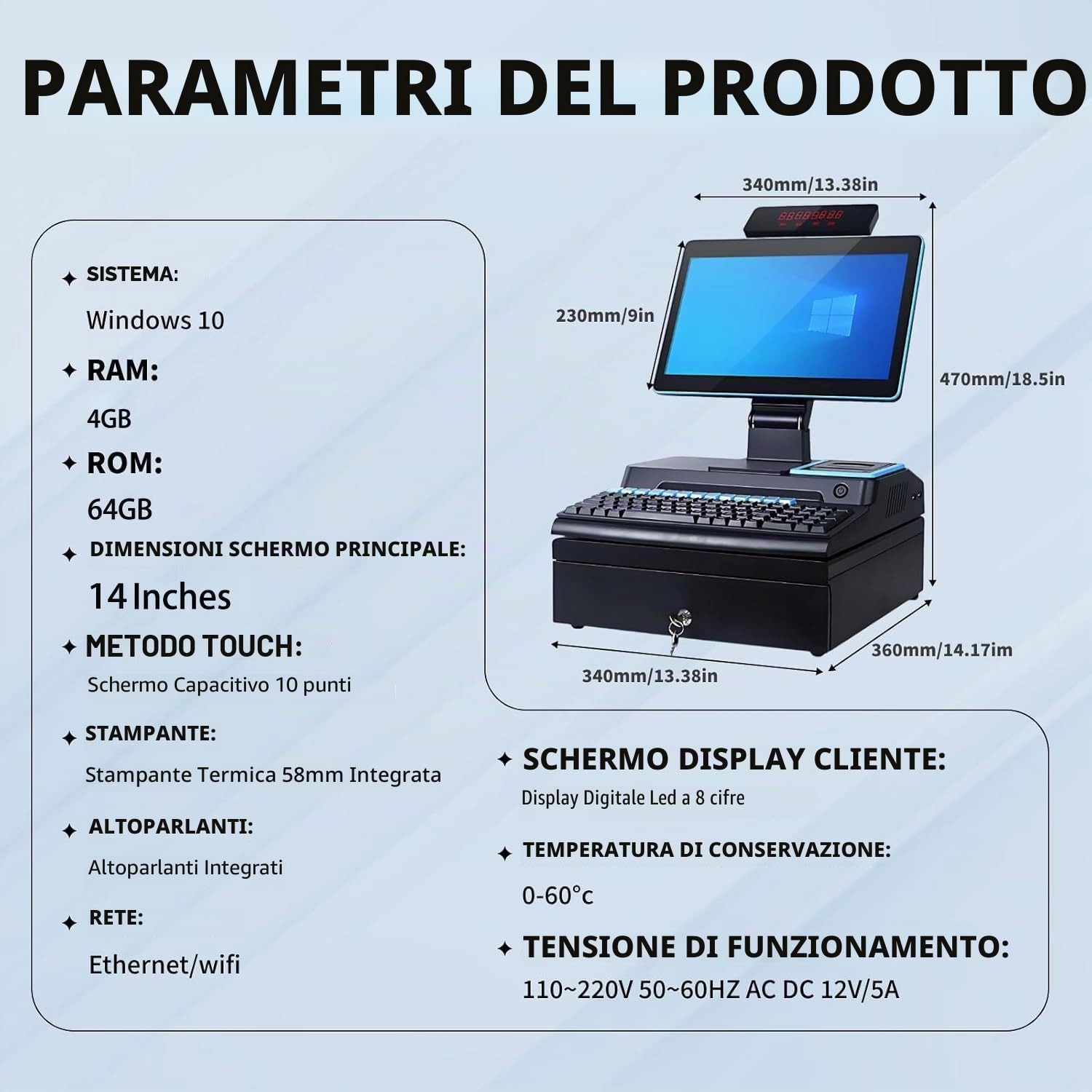 Registratore di Cassa Pos, Registratore di Cassa All-In-One per Piccole Imprese, con Touch Screen da 14", CPU I3 Dual-Core, Cassetto Contanti, Stampante da 58 mm, Scanner per Codici a Barre White