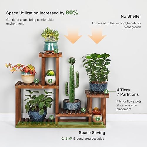 Miniatura 3 de Soporte de madera de pino para plantas en interiores y exteriores, estante de flores con niveles superiores e inferiores para plantas en jardín,