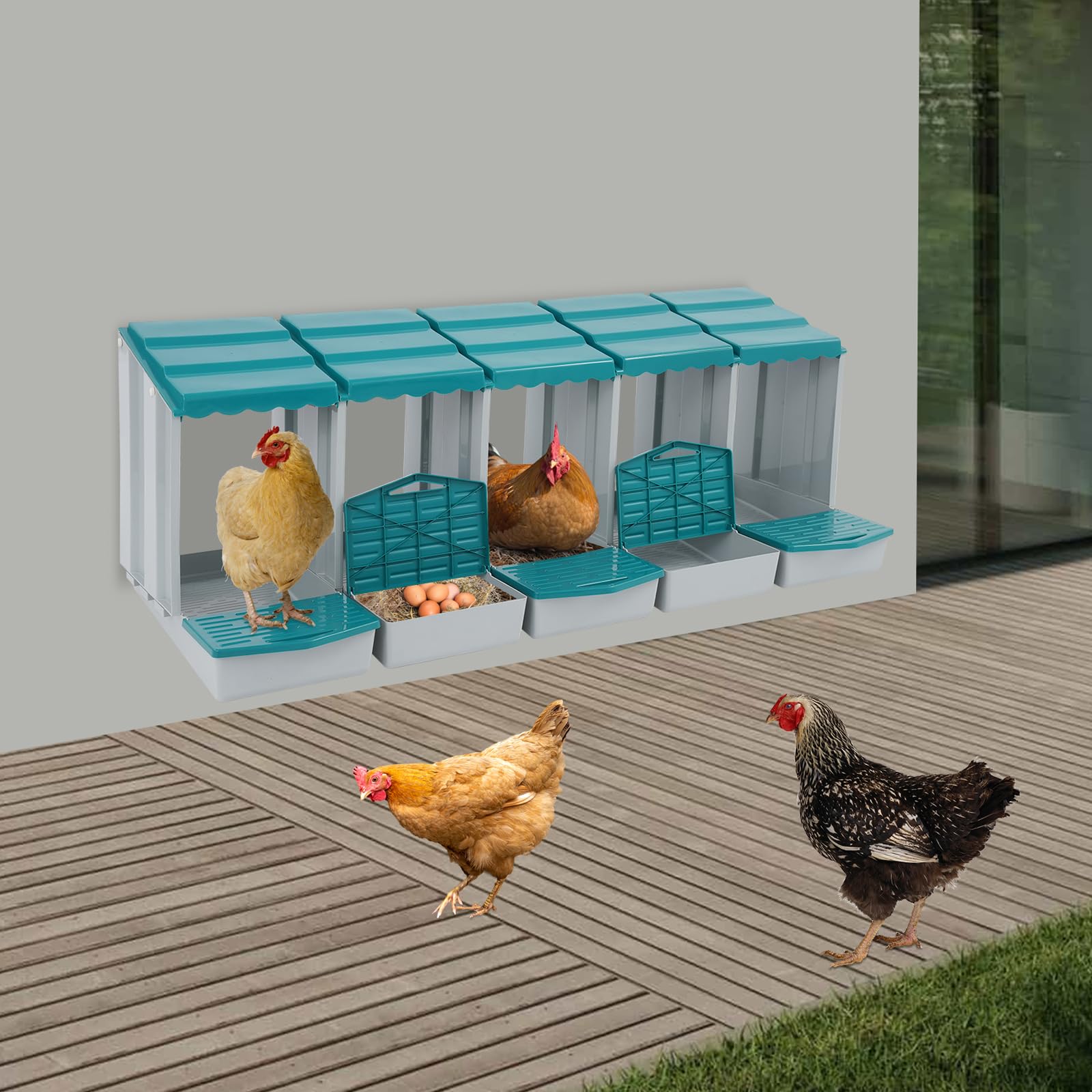 Gallinero nido para gallinero, accesorios, caja con recogehuevos, de material PP, para montaje en pared o de pie en exteriores, cría de pollos (verde, 5 compartimentos)