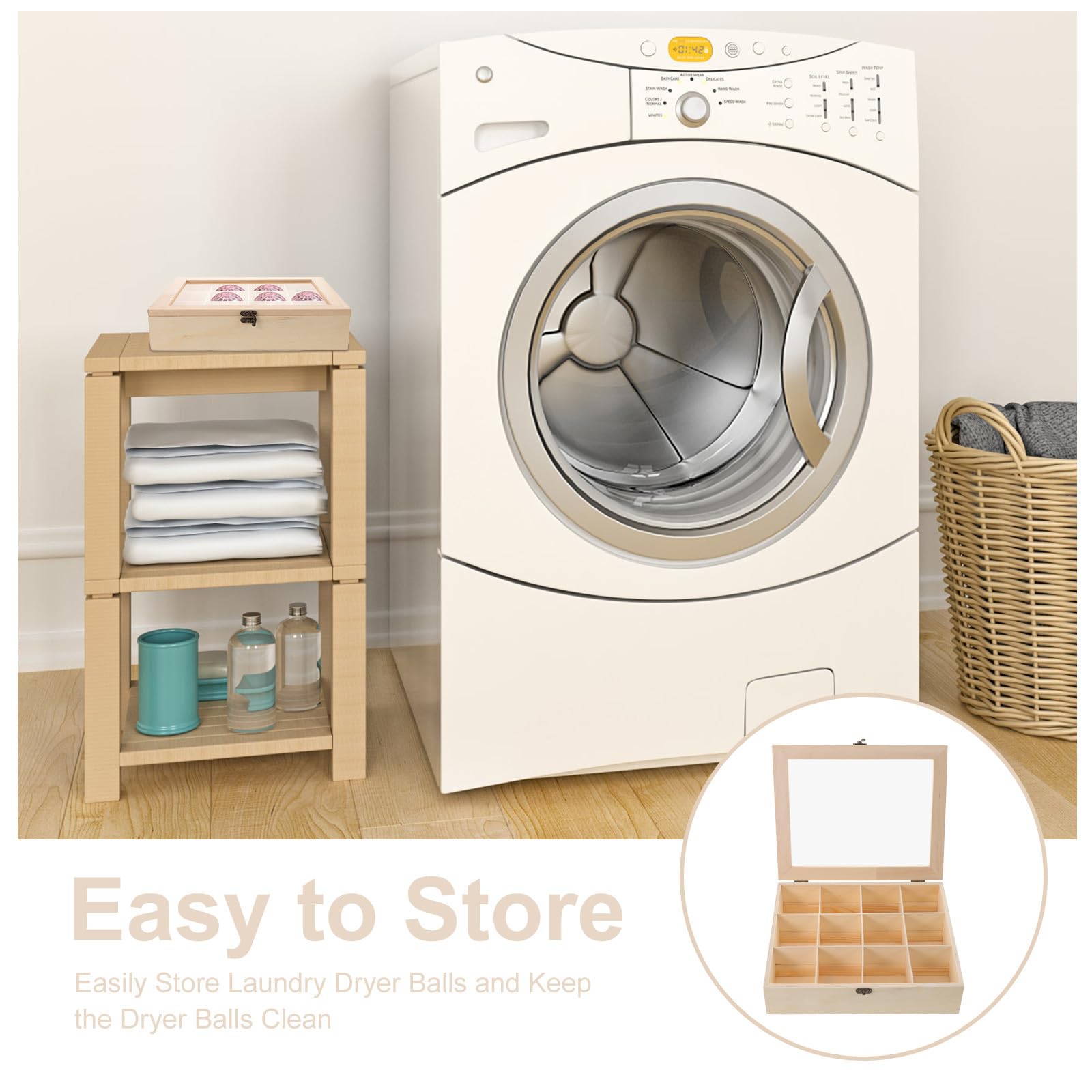 EXCEART Caja Organizadora de Bolas de Secadora de Madera Beige con Tapa, Divisores Internos para Almacenamiento Protegido y Optimización del Espacio en Lavandería