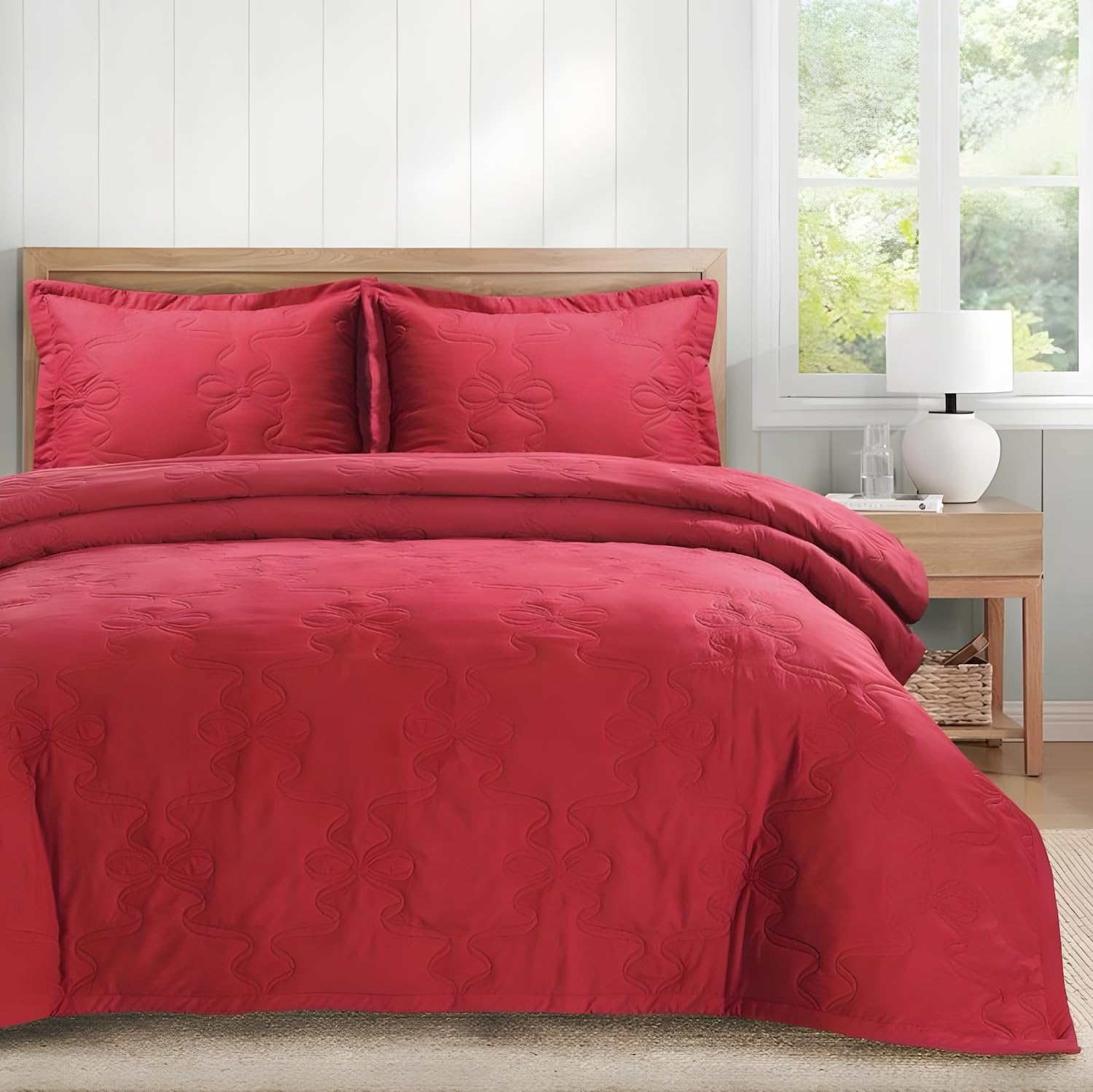 Linen Home Quilted Bedspreads Single Size Red Bridget Bows Design - Lightweight Soft Microfiber Quilt Set with One Pillow Sham Coverless Elegant Stitching Pattern For All Season (Single)
