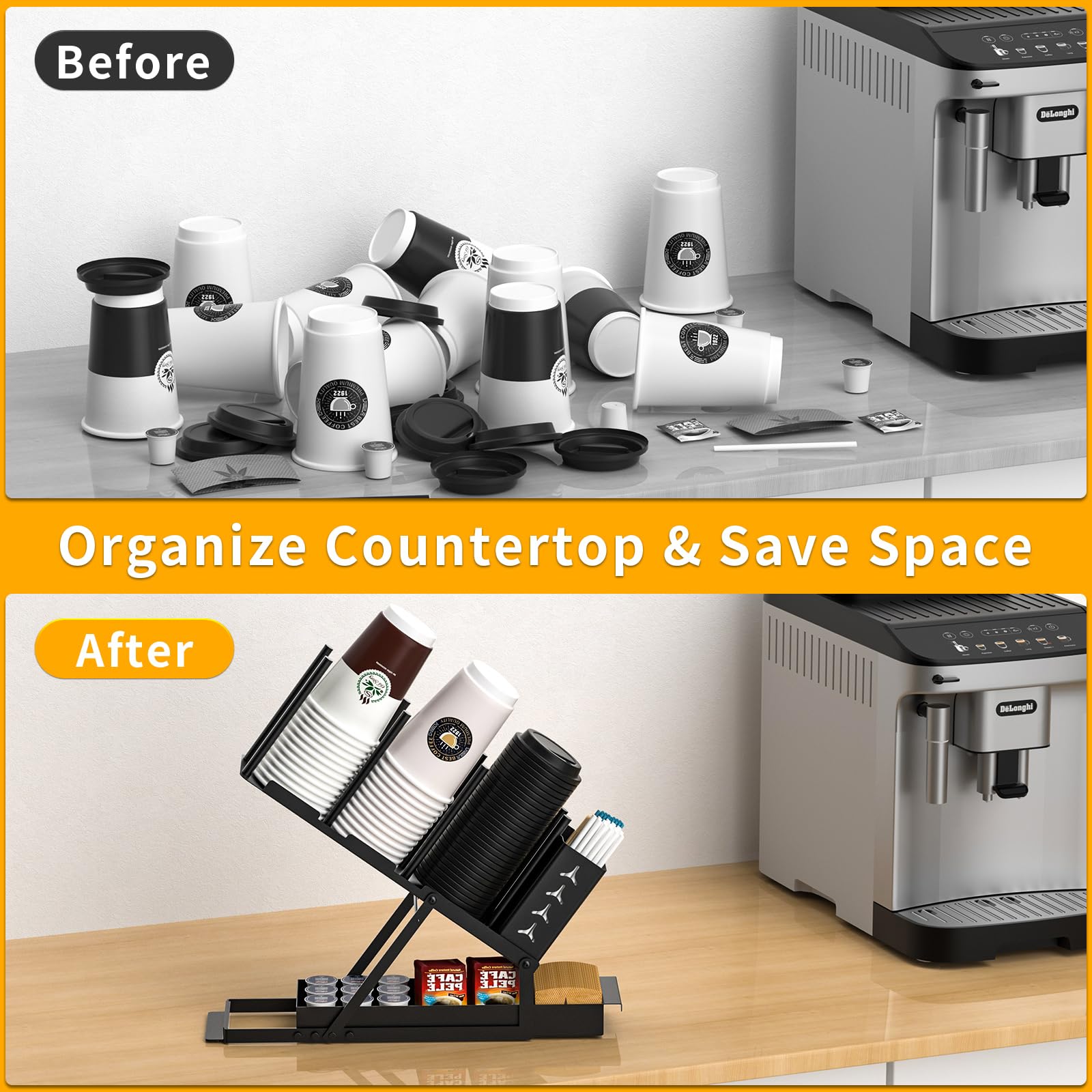 Porta tazze e coperchio con cannuccia, organizer per stazioni di caffè, 3 scomparti, per accessori da bar e caffè, piano di lavoro, bicchieri di carta usa e getta, bicchieri di plastica,