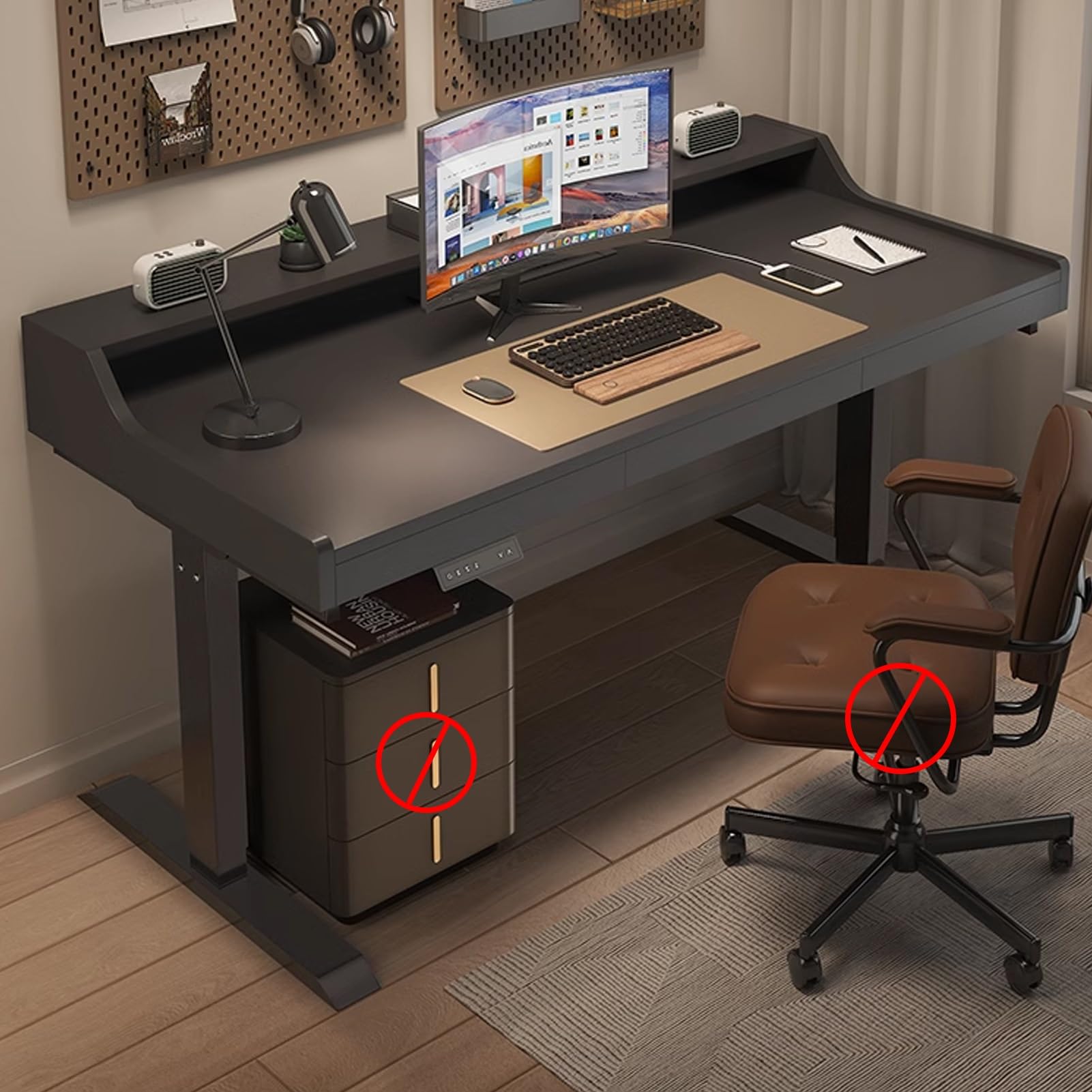 MYUYEE Sit Stand Desk, Adjustable Standing Desk With Three Storage Drawers And Storage Baffle, Stand Up Desk With 3 Preset Heights, For Home Office, Easy To Install,Khaki,39.3In(Black-55.1In)