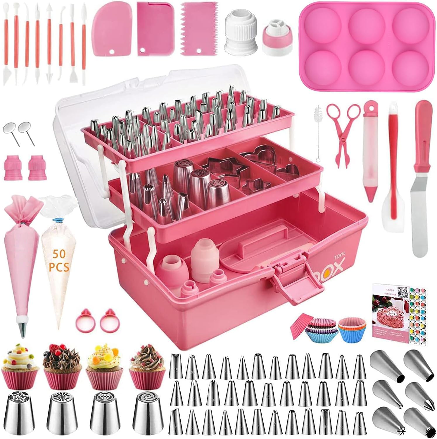 Boyun Cake Decorating Tools Supplies Kit: 236pcs Baking Accessories with Storage Case - Piping Bags and Icing Tips Set - Cupcake Cookie Frosting Fondant Bakery Set Beginners or Professional (Pink)