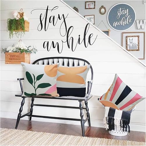 Miniatura 3 de Juego de 4 fundas de almohada abstractas de estilo bohemio de mediados de siglo, modernas, geométricas, hojas y sol, fundas de almohada bohemias de