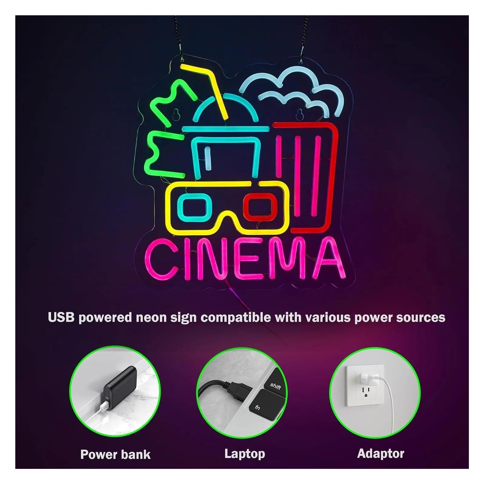 Decoración Lámparas Letrero De Neón CINEMA, Decoración Alimentada Por USB Para Cine En Casa Y Cafetería 30cm/11.81(in)×39.3cm/15.47(in)