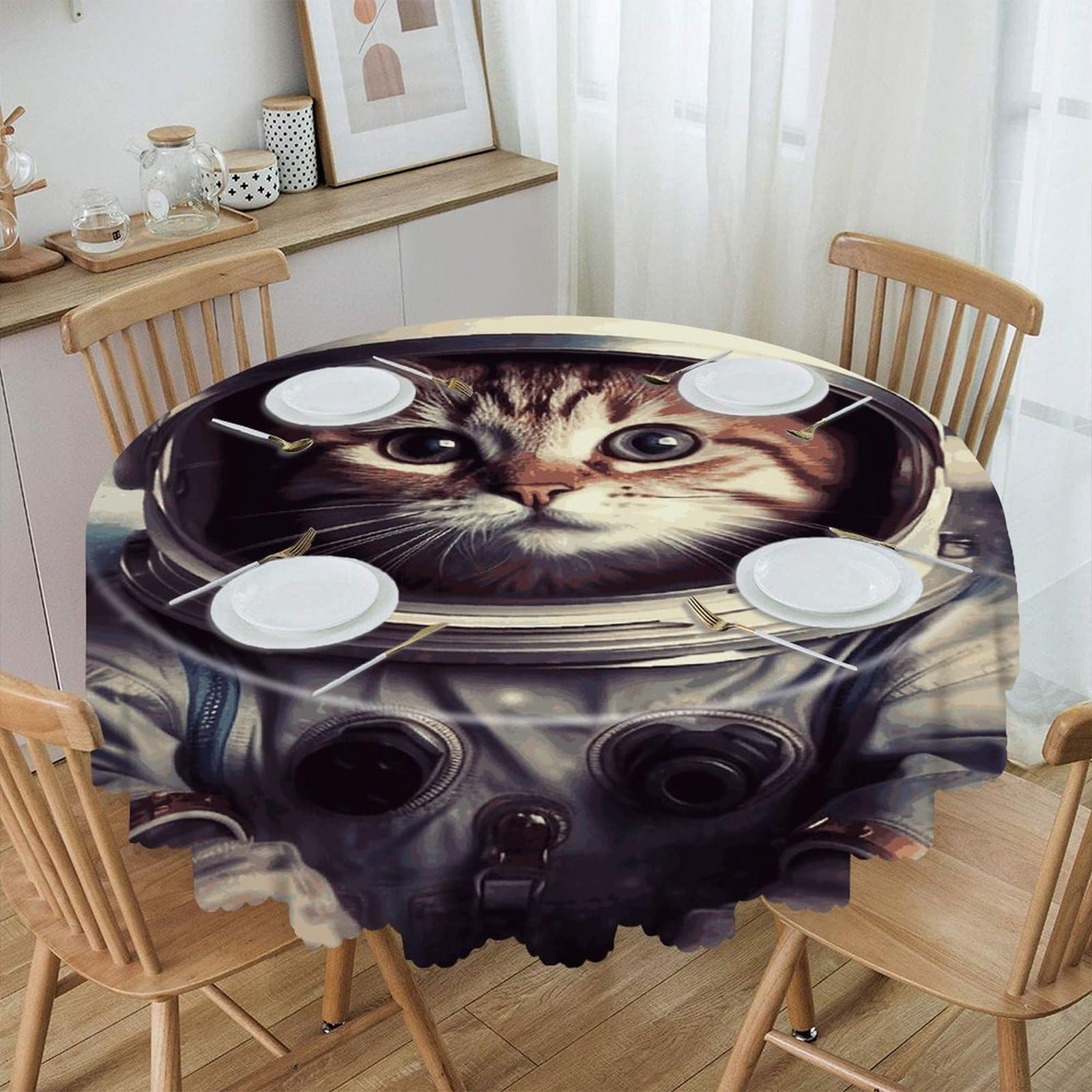 VstaDank Animal Cat Astronaut Round Tablecloth 60 Inch Easy to Clean Circle Table Cover Thick Decorative Round Polyester Table Cloth for Dining Kitchen Party Farmhouse Outdoor