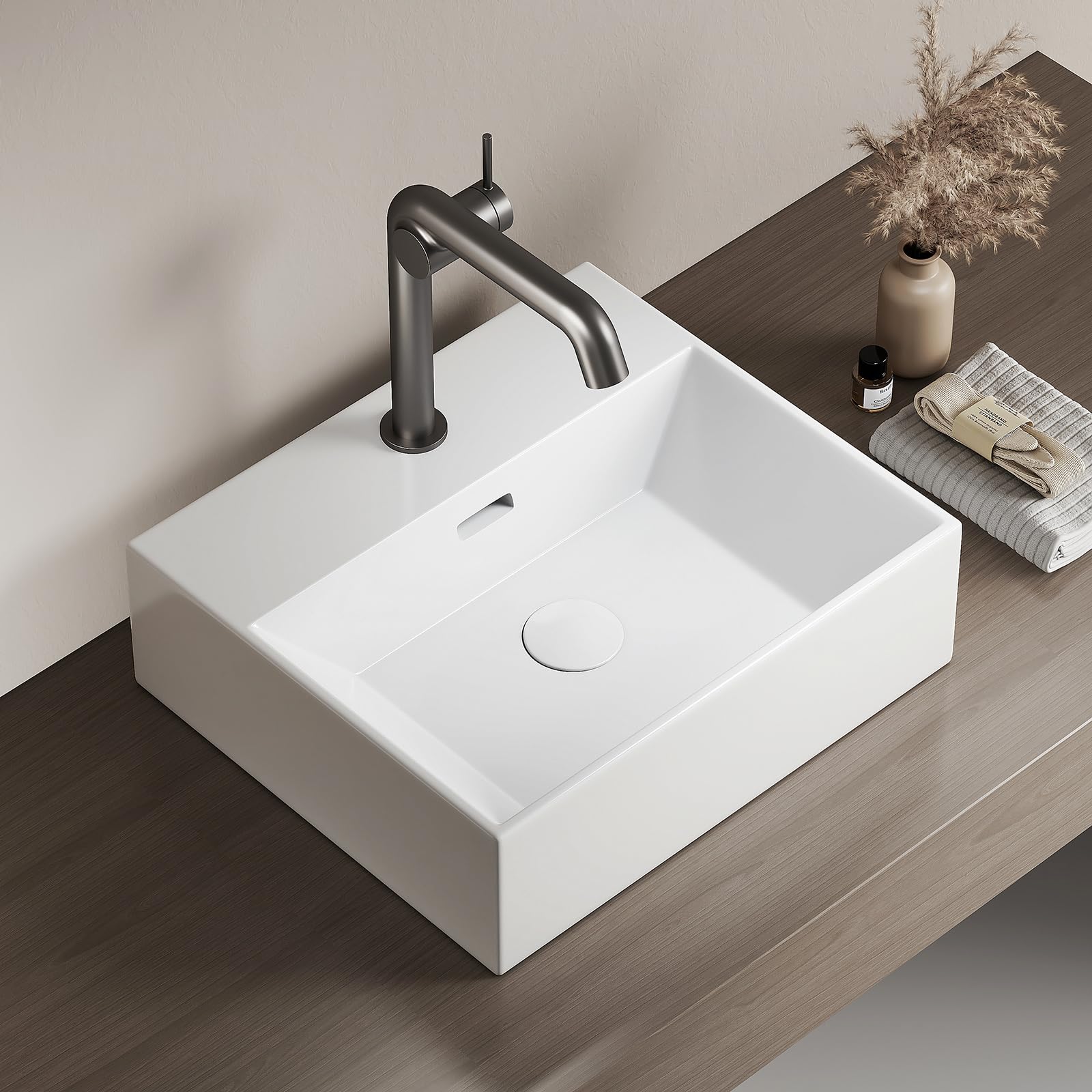 EMKE Lavabo de diseño moderno, lavabo colgante de cerámica de alta calidad con borde fino, lavabo para cuarto de baño y WC invitados, 415 x 360 x 130 mm, blanco, lavabo cuadrado, lavabo en plano