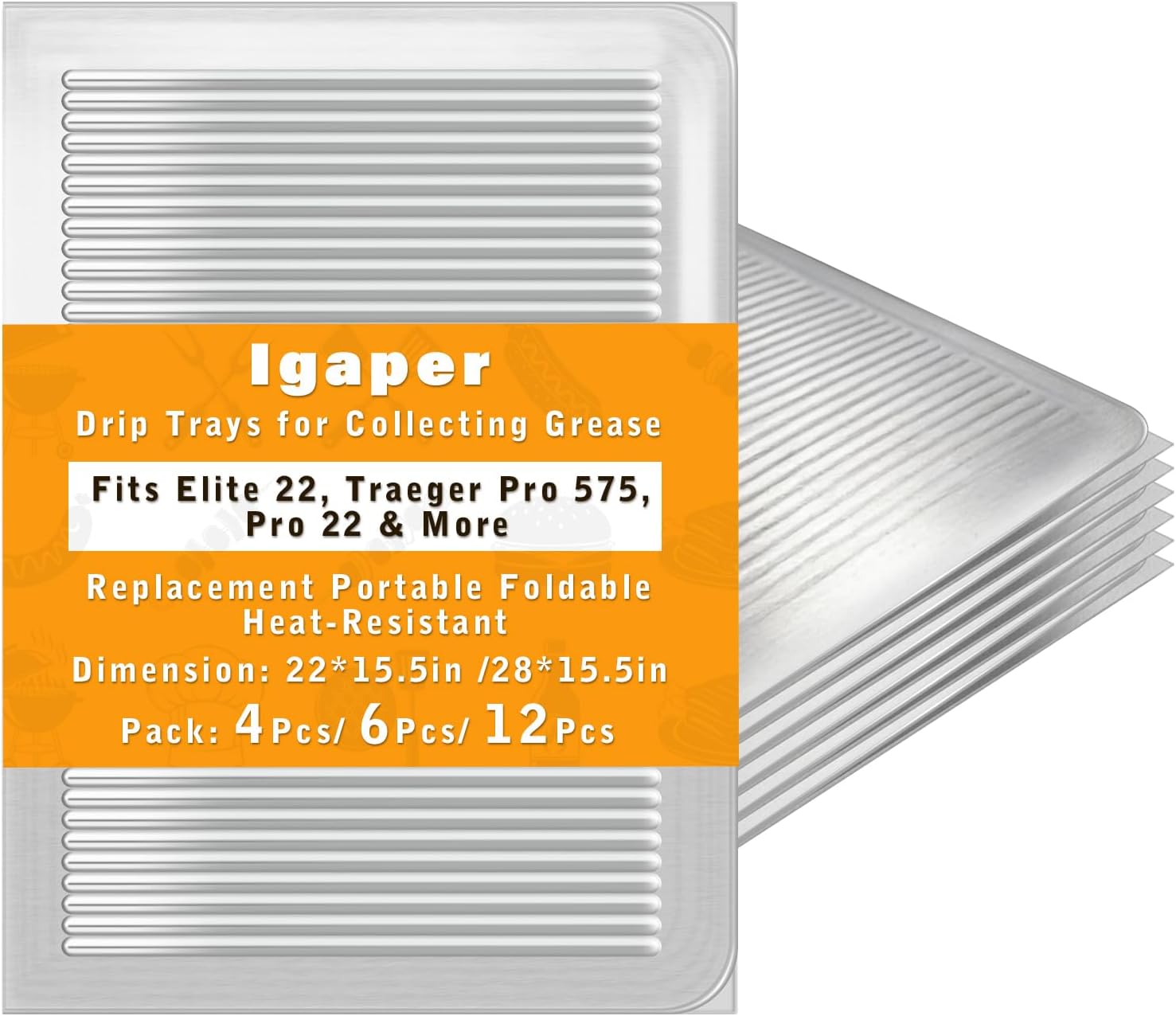 12Pcs Grill Drip Tray Liners Replacement Portable & Foldable, Aluminum Disposable Drip Trays for Collecting Grease, 22*15.5in Heat-Resistant Foil Liners BAC507 fits for Traeger Pro 22, 575and Elite 22