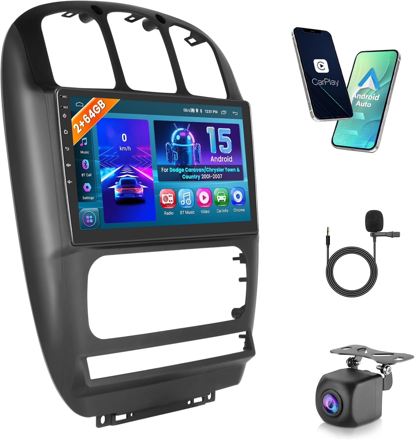 4Core 2+64GB Hikity Android Car Stereo for Chrysler Town & Country 2002-2007/Dodge Caravan 2002-2007, 10.1 Inch Touchscreen Radio Carplay Android Auto GPS Navigation WiFi Bluetooth FM EQ Backup Camera