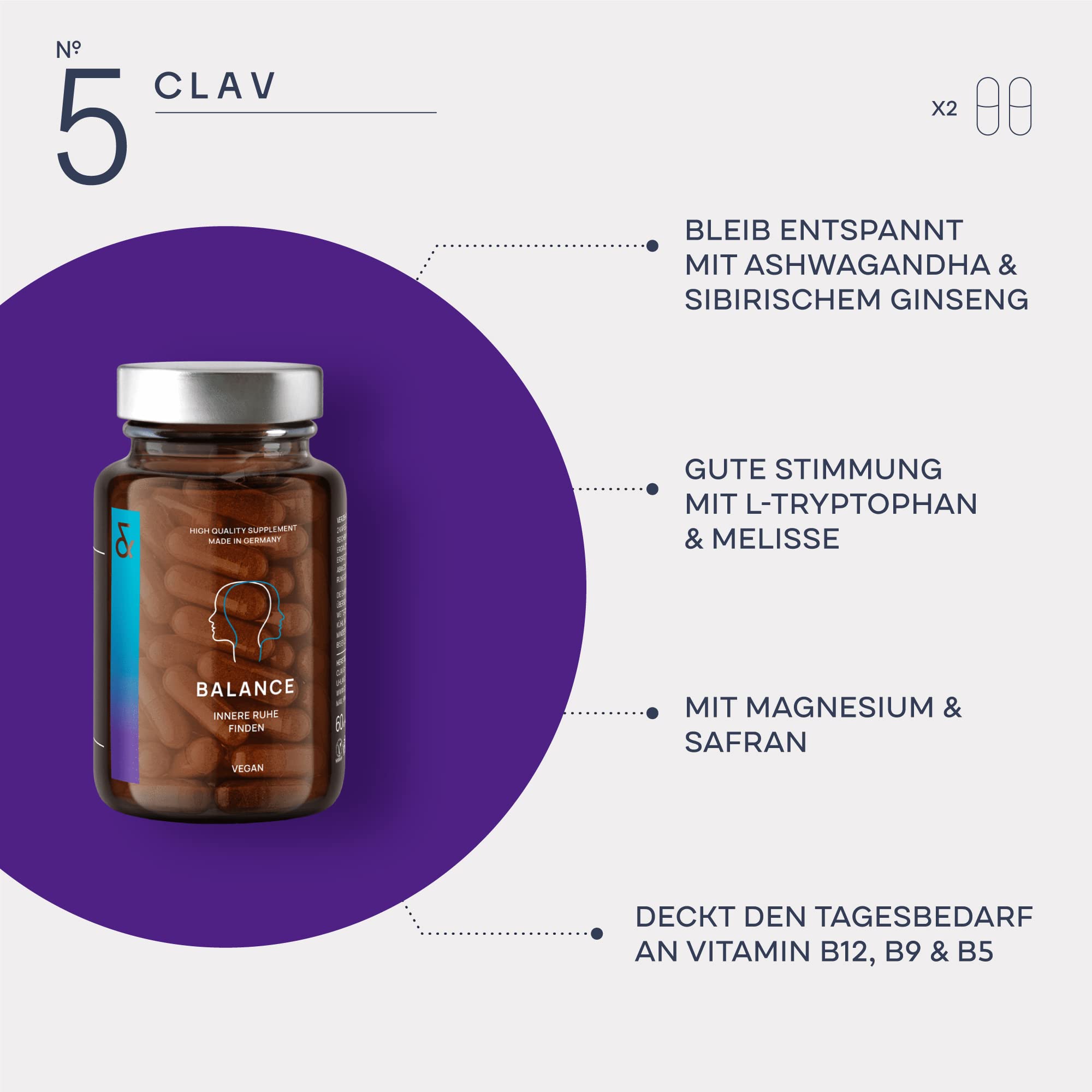 CLAV® Superfood Set, Mentale Stärke, N°4 Focus + N°5 Balance + N°6 Recover | Für Gedächtnis, Konzentration & Ausgeglichene Stimmung, mit Ashwagandha & Melatonin, Laborgeprüft, im Apothekerglas, Vegan