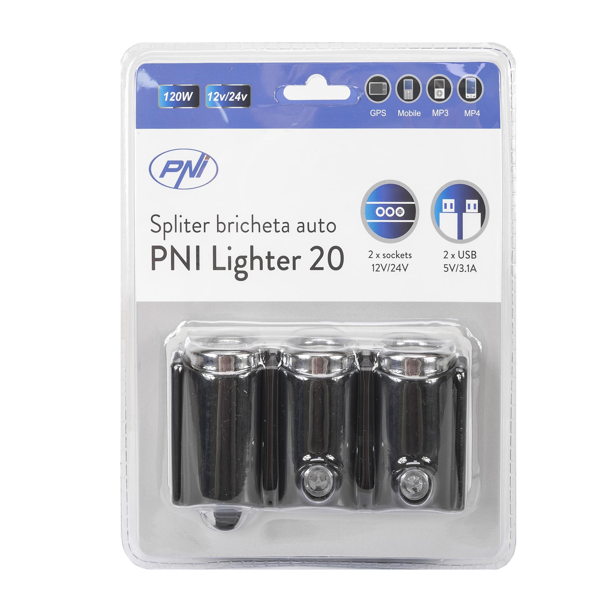 Rozdzielacz zapalniczki samochodowej PNI Zapalniczka 20 12 V/24 V 2 wyjścia, 2 x USB, wskaźnik LED