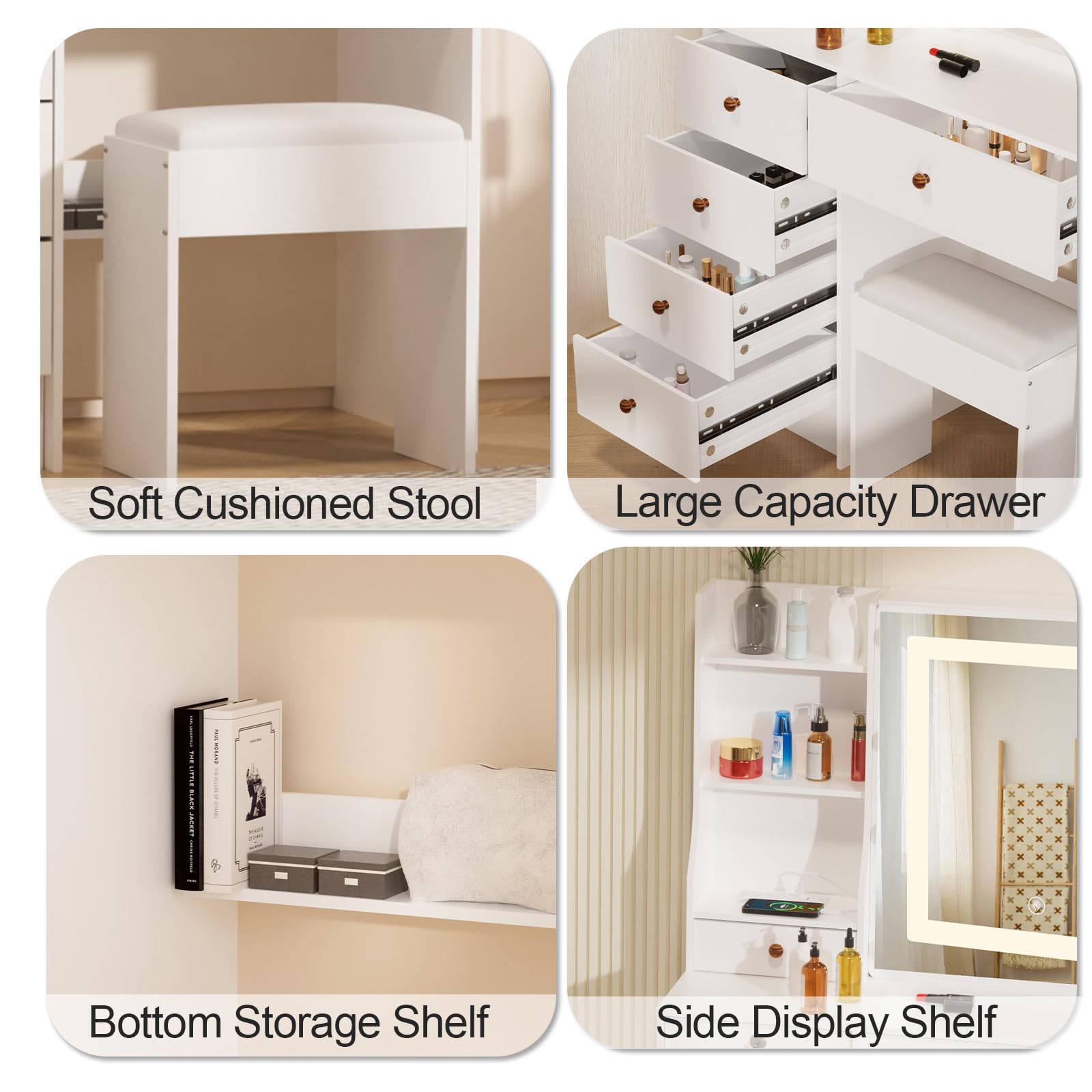 Buildonely Vanity Desk with Moveable Mirror and LED Light, Makeup Desk with Cushioned Stool 6 Large Drawers and 6 Storage Shelves, Bedroom Dressing Table (White)
