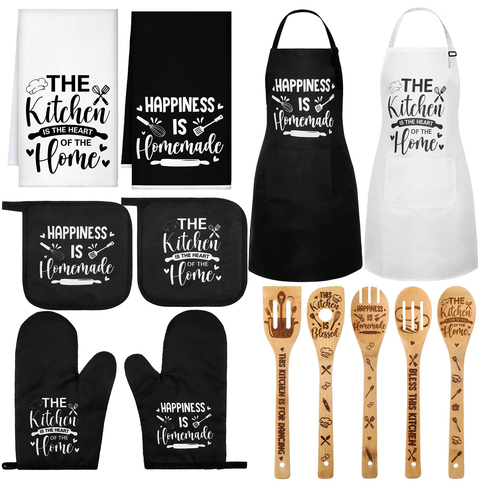 Bencailor 13 Pcs Farmhouse Kitchen Set, Kitchen Dish Towels Kitchen Apron Oven Mitts and Pot Holders Sets Rustic Pattern Cute Wooden Spoons Black White Hand Dishcloths for Home Decorations Gifts