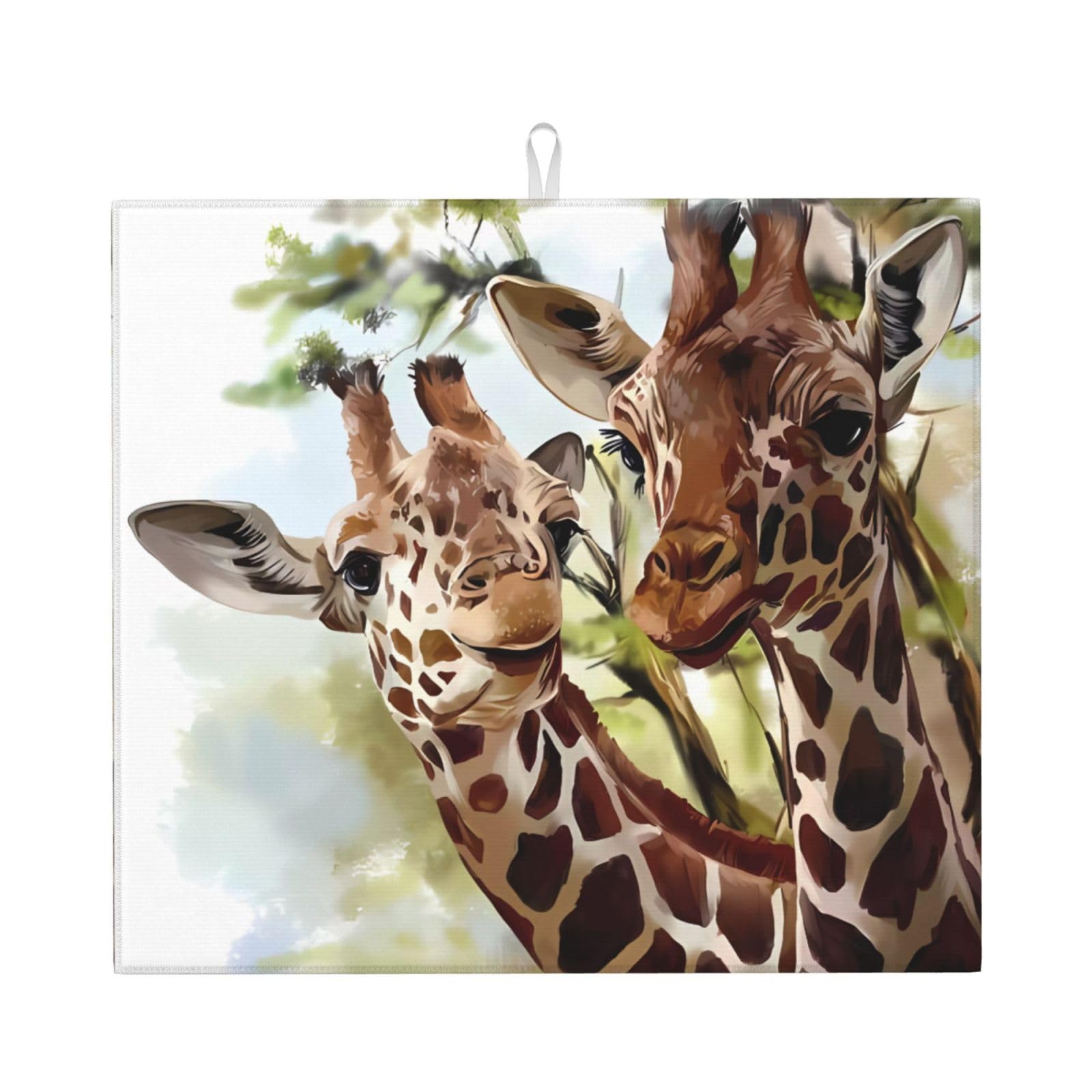 WHJSSF Watercolor Deer Giraffe Prints Kitchen Drying Mat - Absorbent Dish Drying Throw with Colorful Prints, Quick-Dry Countertop Layer for Dishes & Appliances - Non-Slip & Foldable