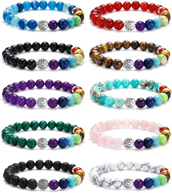 BOMAIL 10Pcs Tree of Life Healing Crystals Bracelet - 7 Chakra Semi Precious Stones Beaded Bracelets Yoga Stress Relief Reiki Stretch Bracelets for Women Men