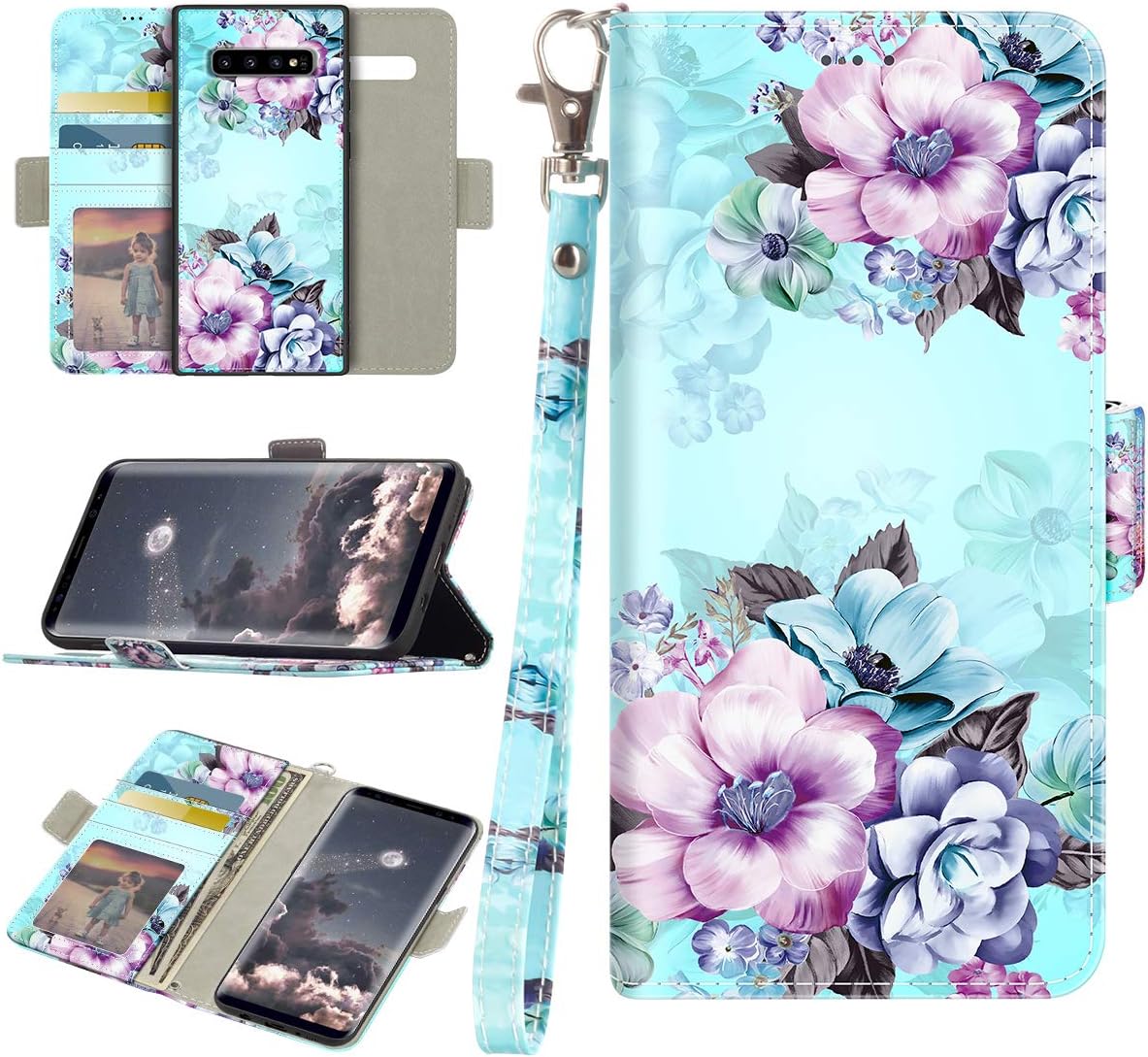 Casetego Compatible with S10 Case,Detachable Magnetic Wallet Case PU Leather Full Body Protective Case with Credit Card Holders, Wrist Strap for Samsung Galaxy S10,Blue Flower