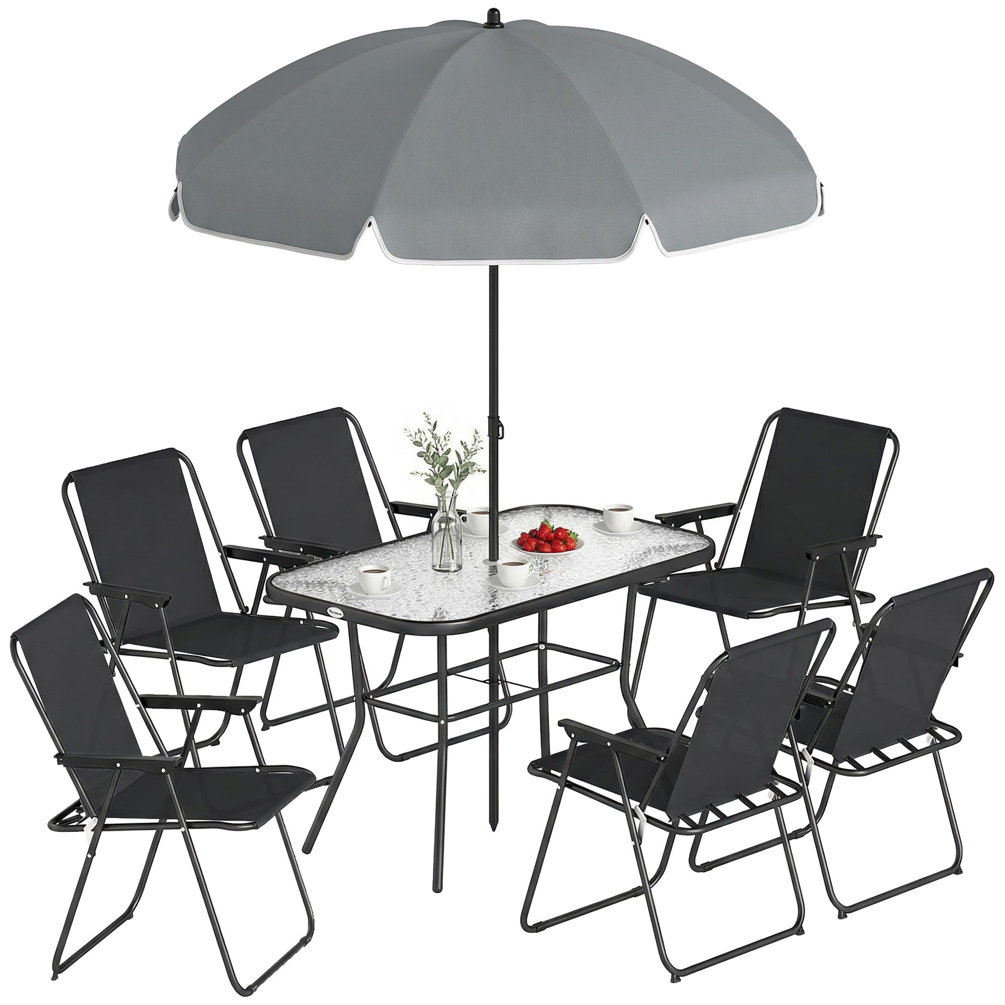 Outsunny Set Tavolo e Sedie da Giardino 8 Pezzi con Ombrellone, Acciaio, Vetro Temperato, Nero