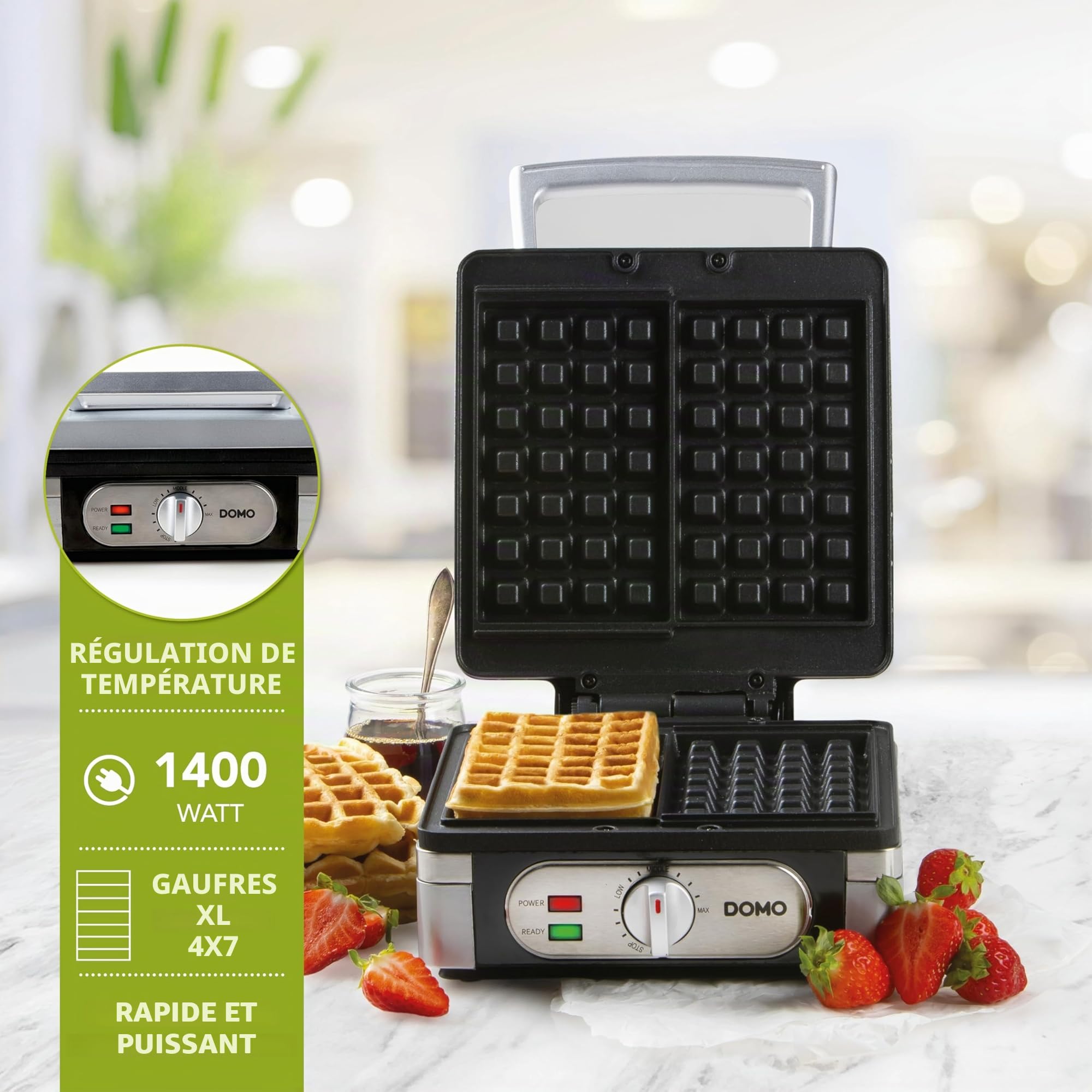 DOMO DO9047W Gaufrier - Appareil à gaufres - Gaufres rectangulaires 4x7-1400W - Inox