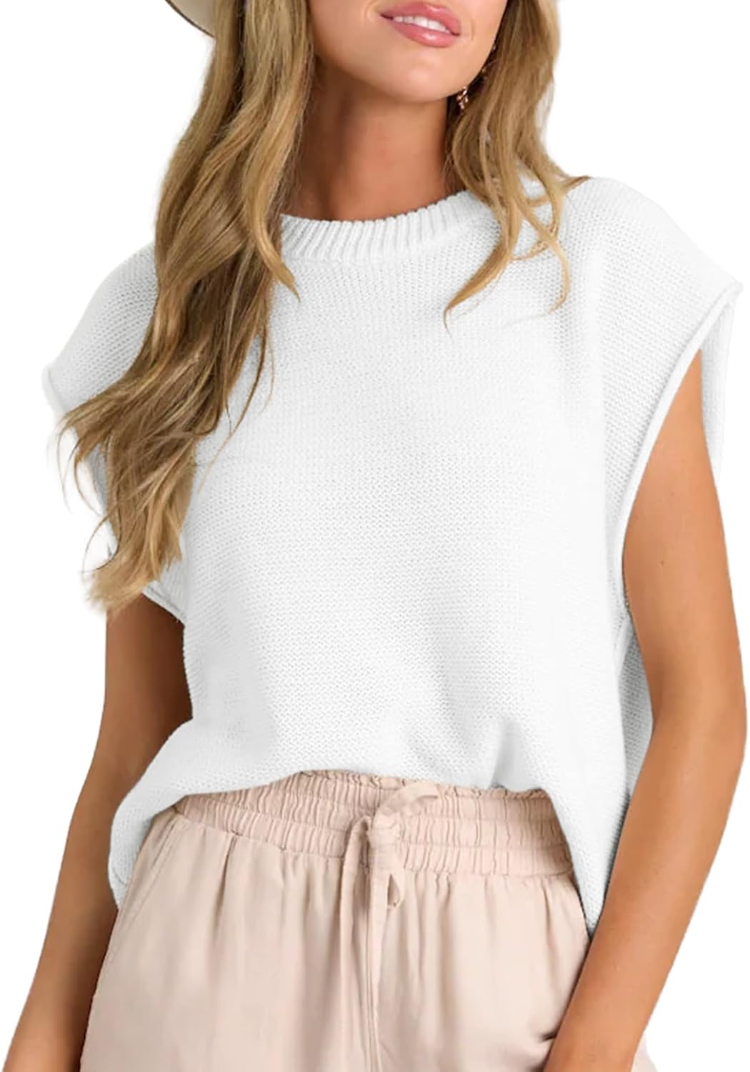 Neweek Women's Striped Knit Sleeveless Sweater Vests Crew Neck Lightweight Pullover Casual Loose Fit Spring Summer Top