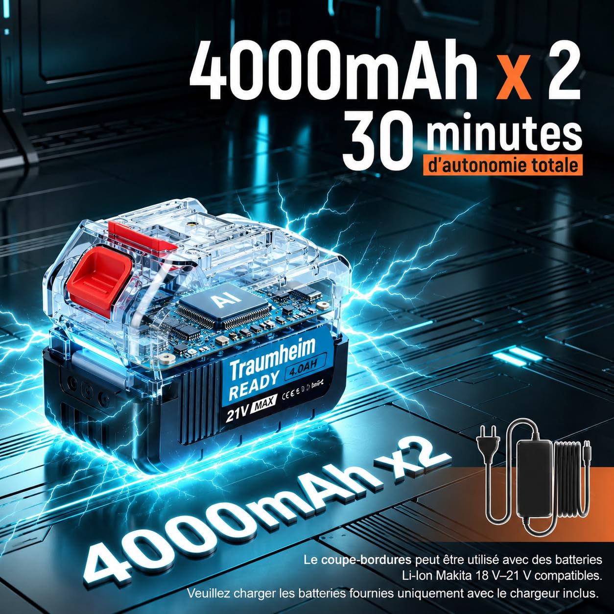 Tap&Go Débroussailleuse avec batterie 4 en 1 pour batteries Makita, débroussailleuse sans balais 950 W avec brosse à mauvaises herbes de 15 cm, Tap&Go, 2 batteries de 4,0 Ah, coupe-bordures