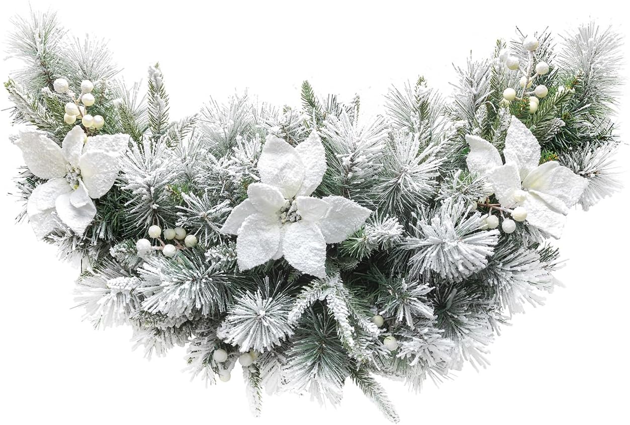 Glitzhome 3ft Pre-Lit Flocked Greenery Pine White Poinsettia and Berries Christmas Swag with 50 Warm White Lights and Timer for Window Front Door Holiday Indoor & Outdoor Home Christmas Decor