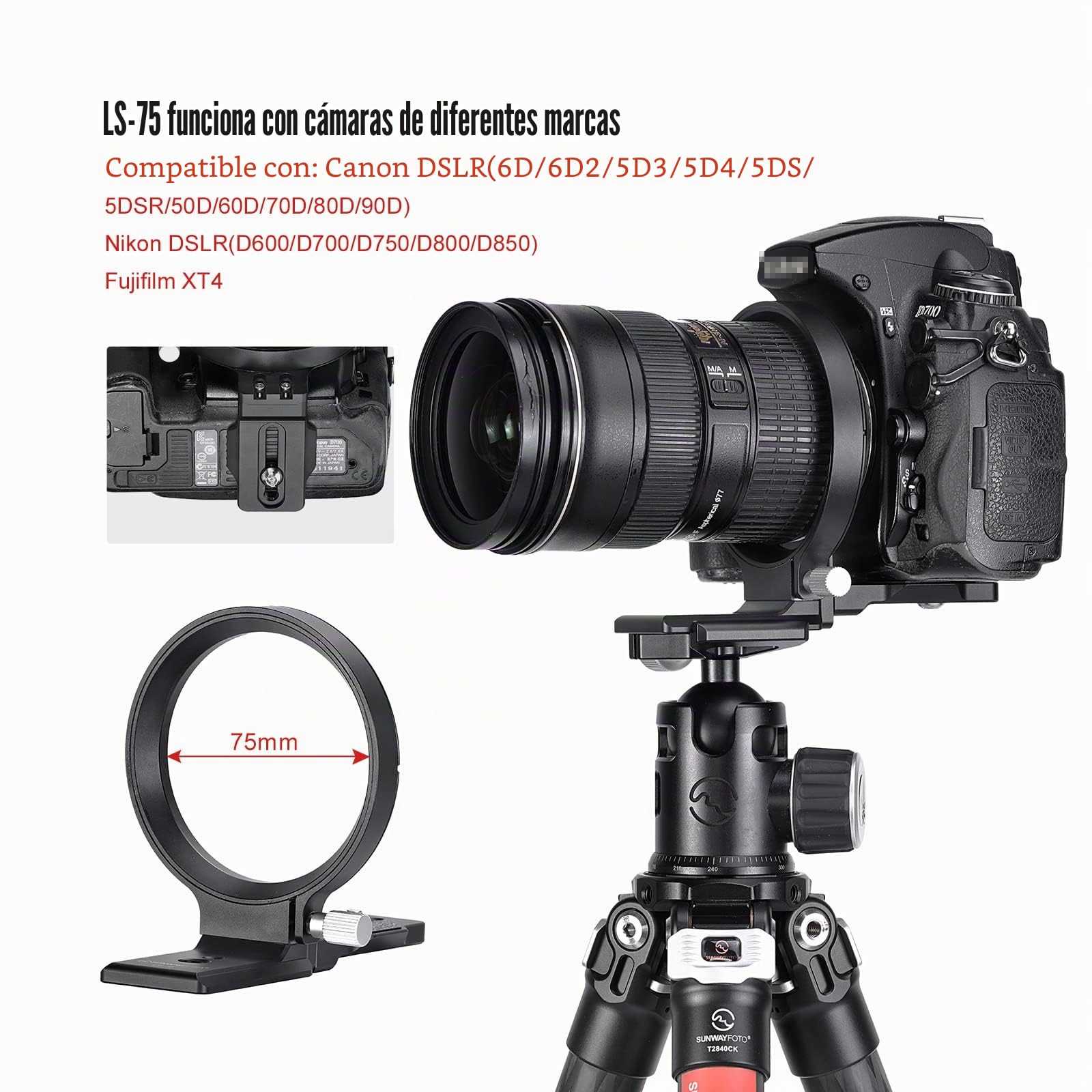 SUNWAYFOTO LS-75 - Manguito giratorio universal de 75 mm para cámaras DLSR, soporte de trípode, anillo de soporte para objetivo, manguito Arca Swiss Plate Mount DSLR Conmutación horizontal vertical