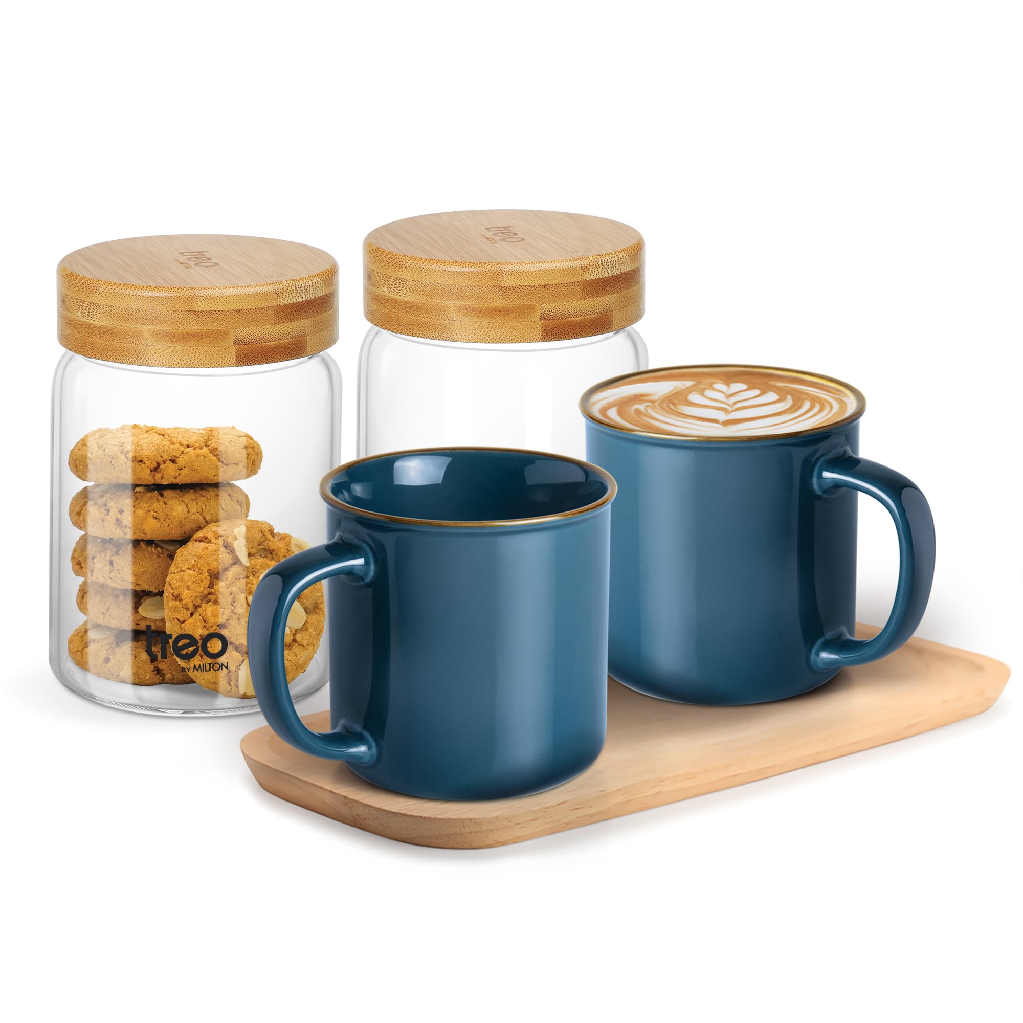 Treo by Milton Glare & Snacks 4 Pcs Gift Set | 2 Premium 240 ml Ceramic Mug, Dark Blue & 2 Airtight 500 ml Glass Jars, Transparent | Durable, Microwave-Safe Mugs | Perfect for Home, Office & Gifting