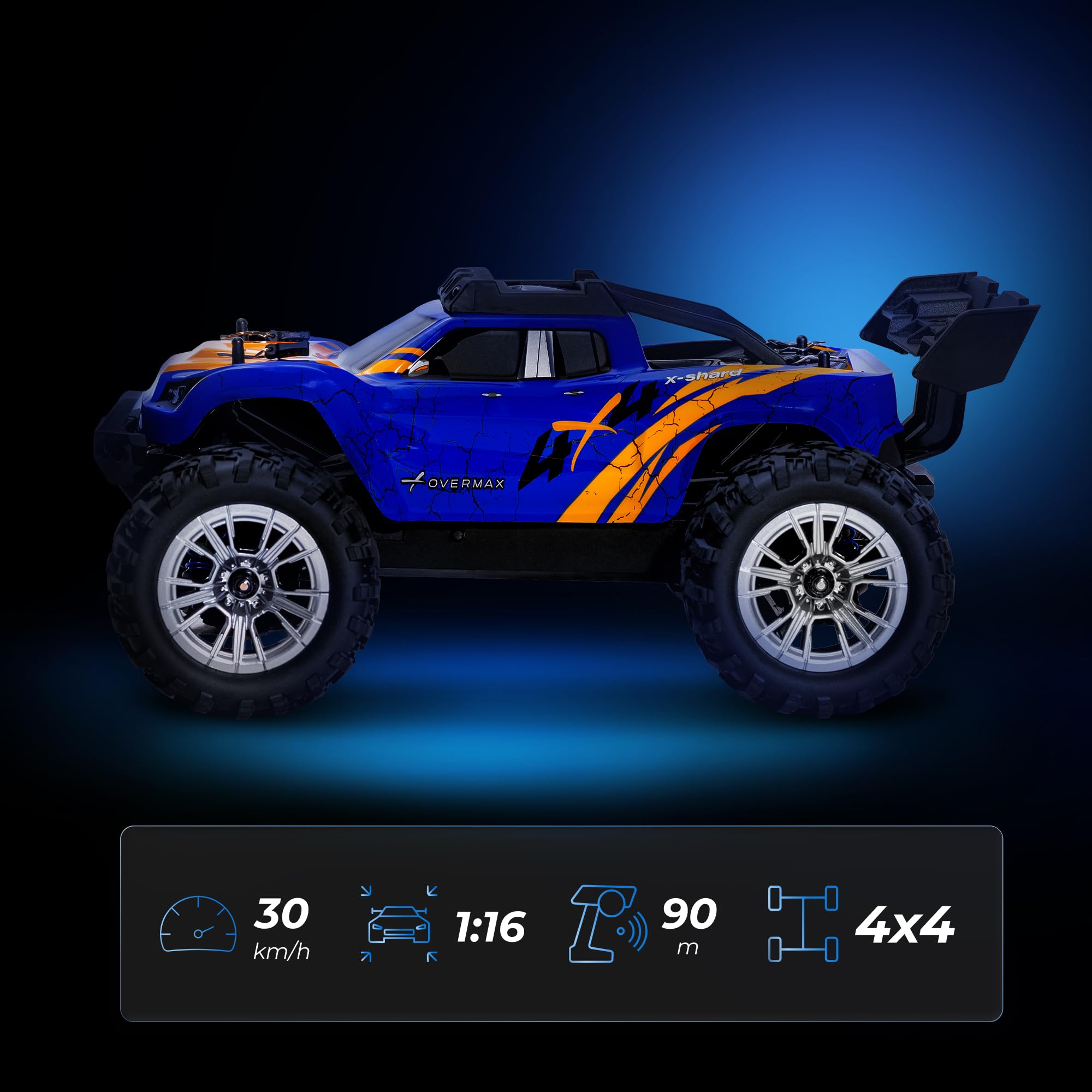 Overmax X-Shard Voiture télécommandée 4WD 1:16 tout-terrain jusqu'à 30 km/h, avec limiteur de vitesse, 2,4 GHz RC Monster Truck avec entraînement en métal, amortisseurs, portée de 90 m, pour enfants à
