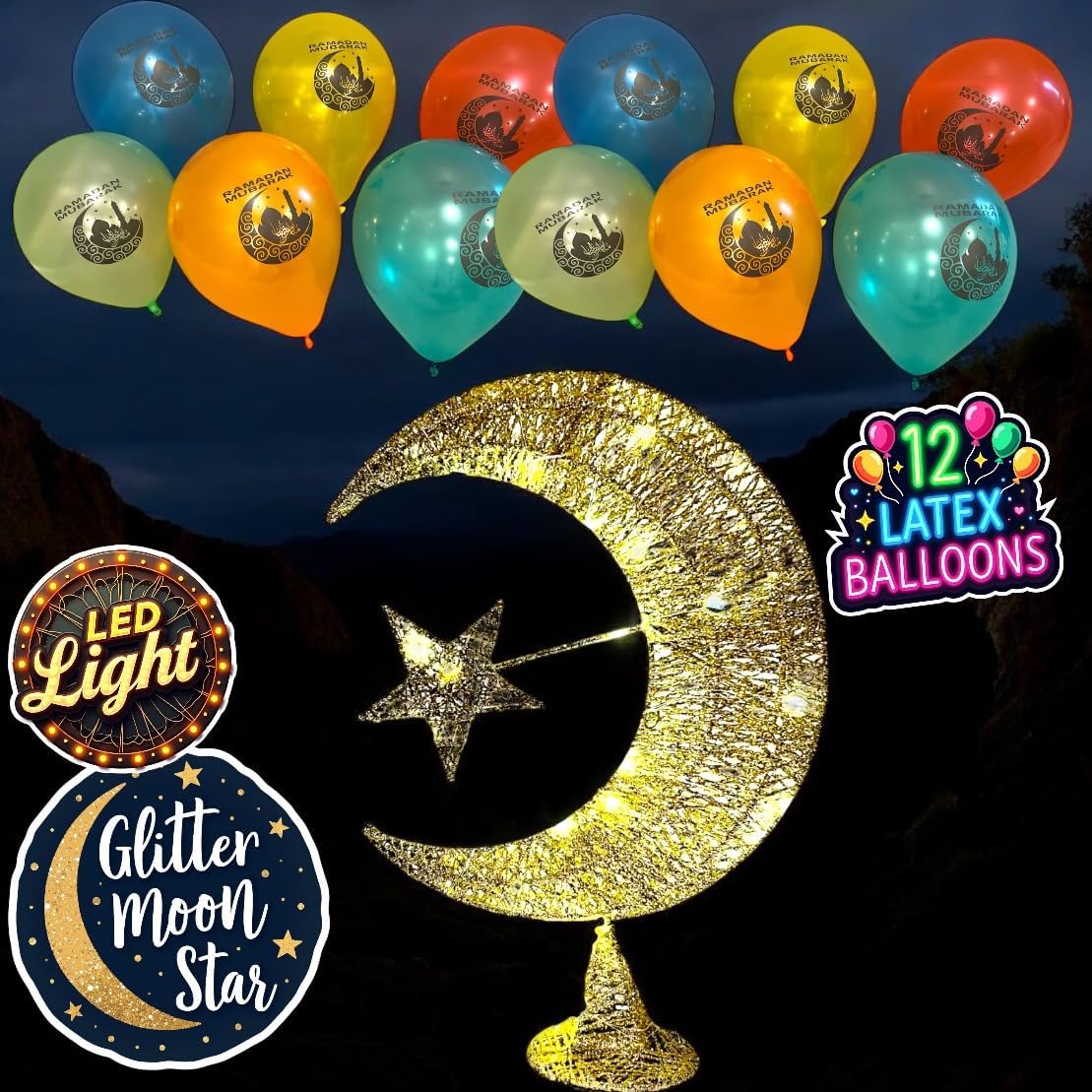 Eid Moon Star Table Lamp & Balloons Set - Metal Glitter-Clad LED Light, Battery-Powered 14" Festive Bedside/Desktop Décor + 12 Eid Mubarak Balloons (Gold Eid Gift)