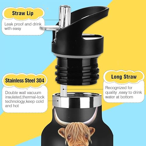 Miniatura 3 de Kids Water Bottle with Straw for School Leakproof Insulated Water Bottles 20oz, BPA-Free, Cute Highland Cow Heads Black