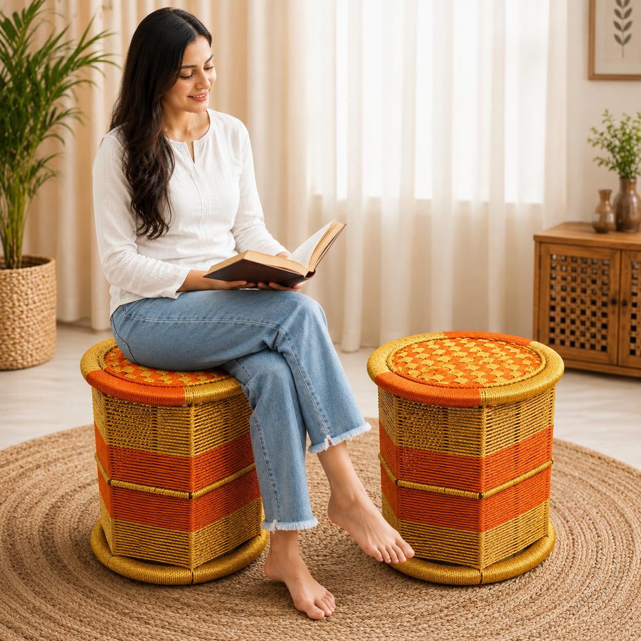 The Desi Thath Handcrafted Bamboo Sarkanda Mudda Stool | Handmade Woven Cane Rope Ottoman Footrest | Eco-Friendly Floor Seat for Living Room, Bedroom, Balcony, Garden & Home | 13x 13 Inch-image-11