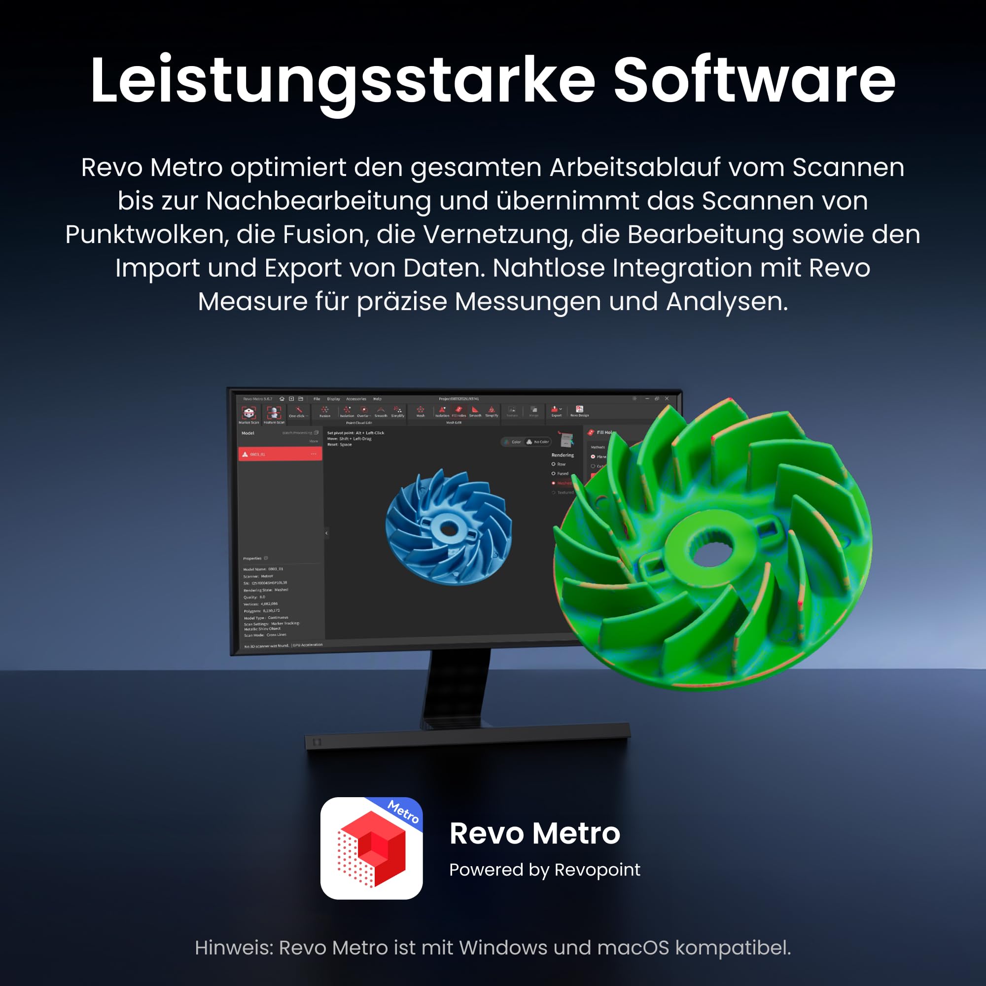 Revopoint MetroX Pro 3D-Scanner für 3D-Druck, industrielle Präzision von 0,01 mm, 4 Scanmodi, interaktive Bildschirmfreigabe, Vollfarbe, für Reverse Engineering und digitale Modellierung, STANDARD