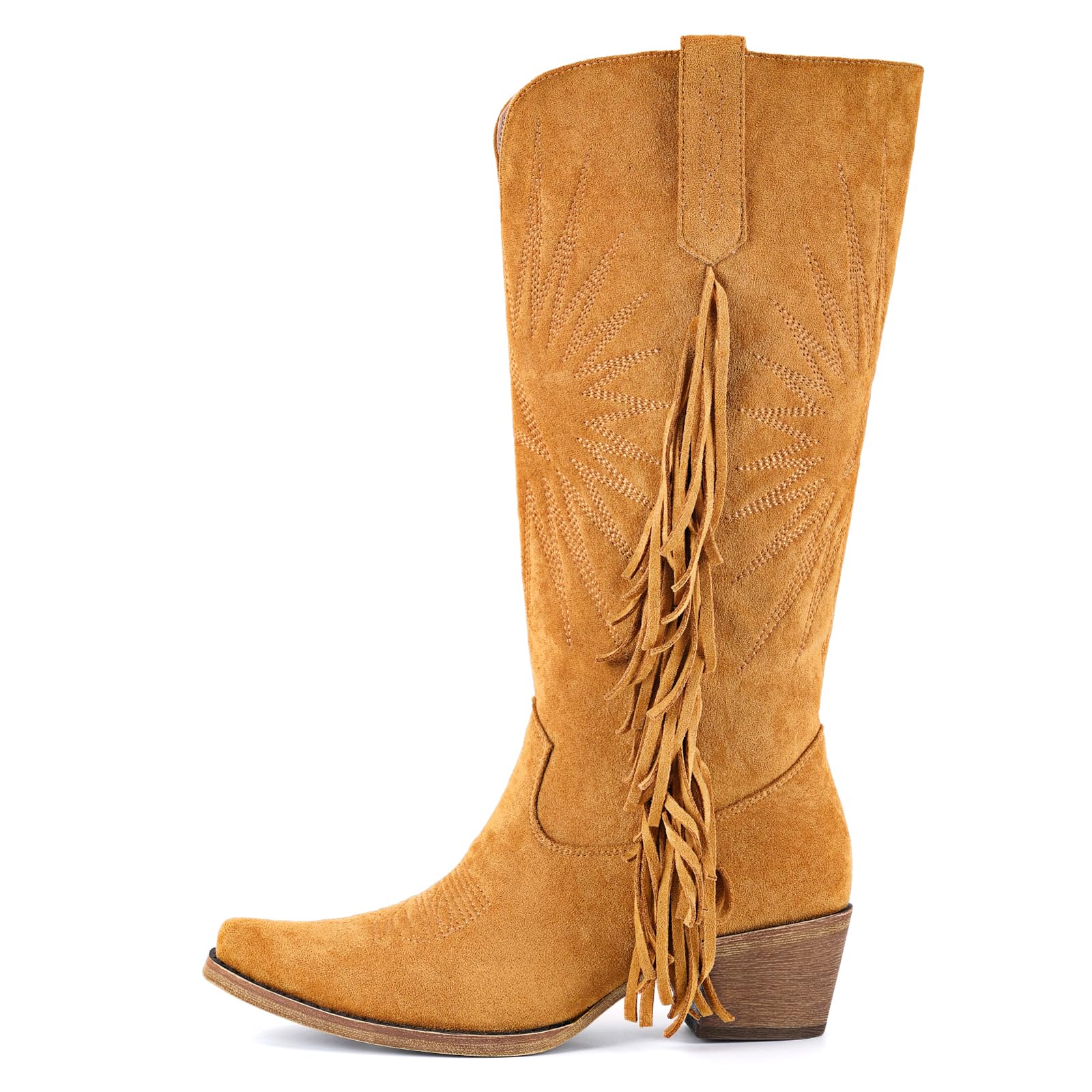 LISHAN Womens Side Zipper Western Boots Fringed Cowboy Cowgirl Calf High Chunky Mid Heels