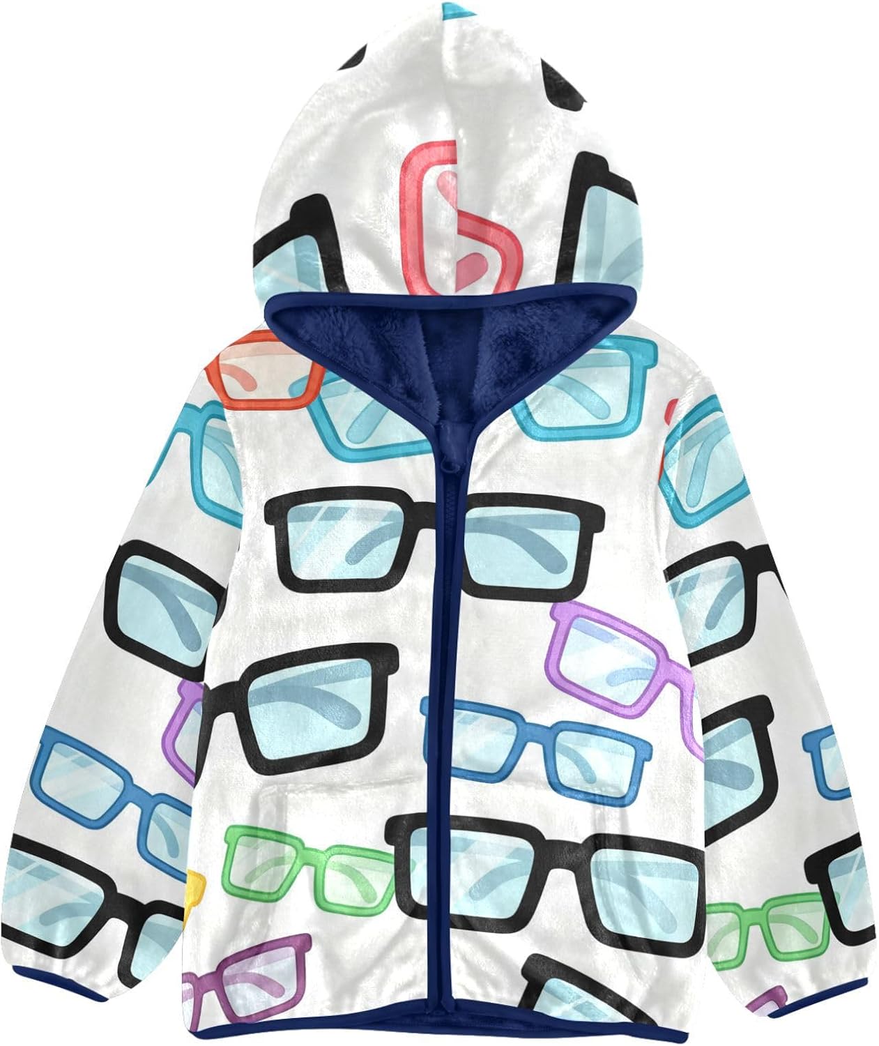 Cartoon Colorful Glasses Toddler Boy Fleece Jacket Lightweight Zip Up Navy Blue Baby Boy Girl Clothes