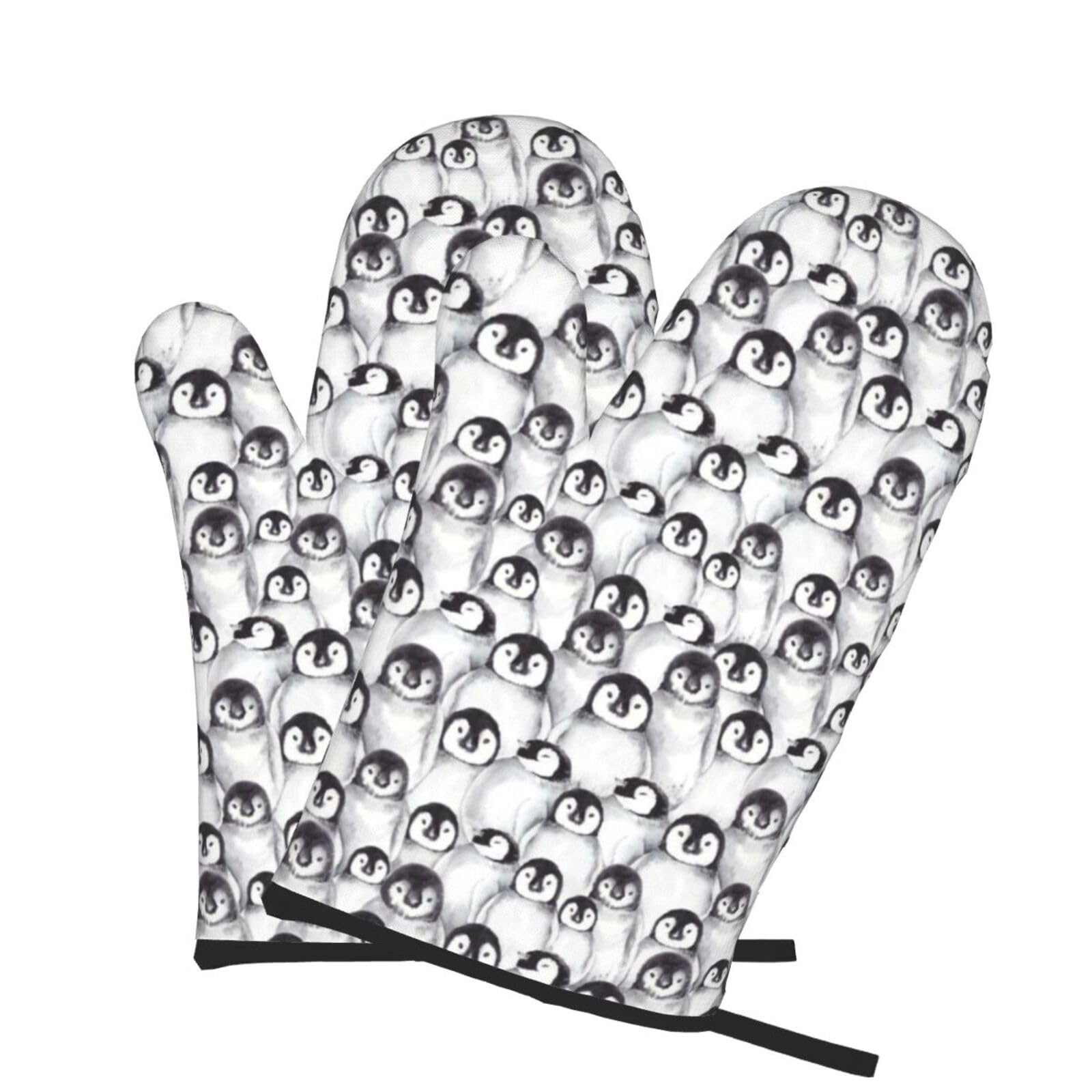 Oven Mitts Set of 2 Pcs, Cute Baby Penguins Sketch Prints Heat Resistant Kitchen Gloves for Cooking Baking Grilling