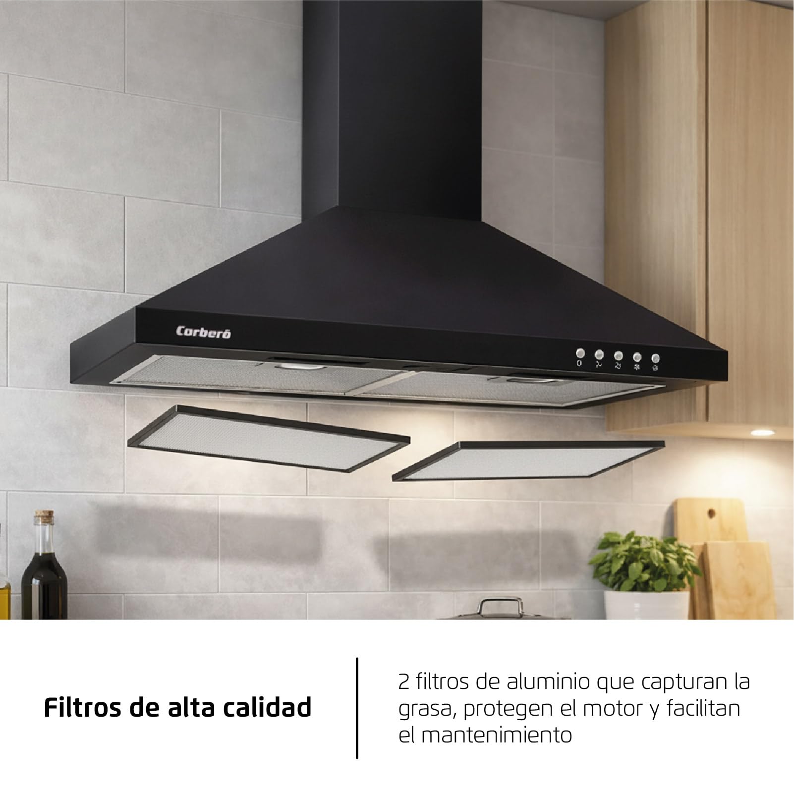 Corberó - Campana Extractora Pirámide 60 cm | TEIDE636N |375.4 m3/h | 57db | 36.5 W | 3 Velocidades | Control por Pulsador |2 Filtros de Aluminio + Filtro de Carbon | Negro — view 14