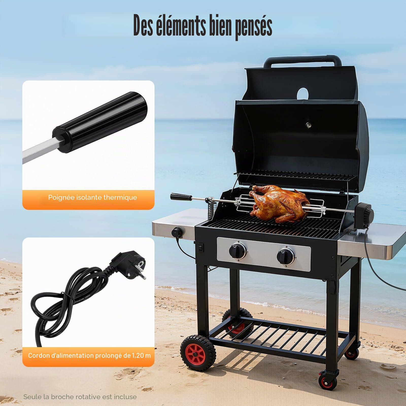 Set de Broche à Griller,220-240v Ensemble Professionnel de Clous de Barbecue en Acier Inoxydable avec 4w Moteur Spinning Tourne Broche,pour Grils à Gaz,Grils à Charbon Bois