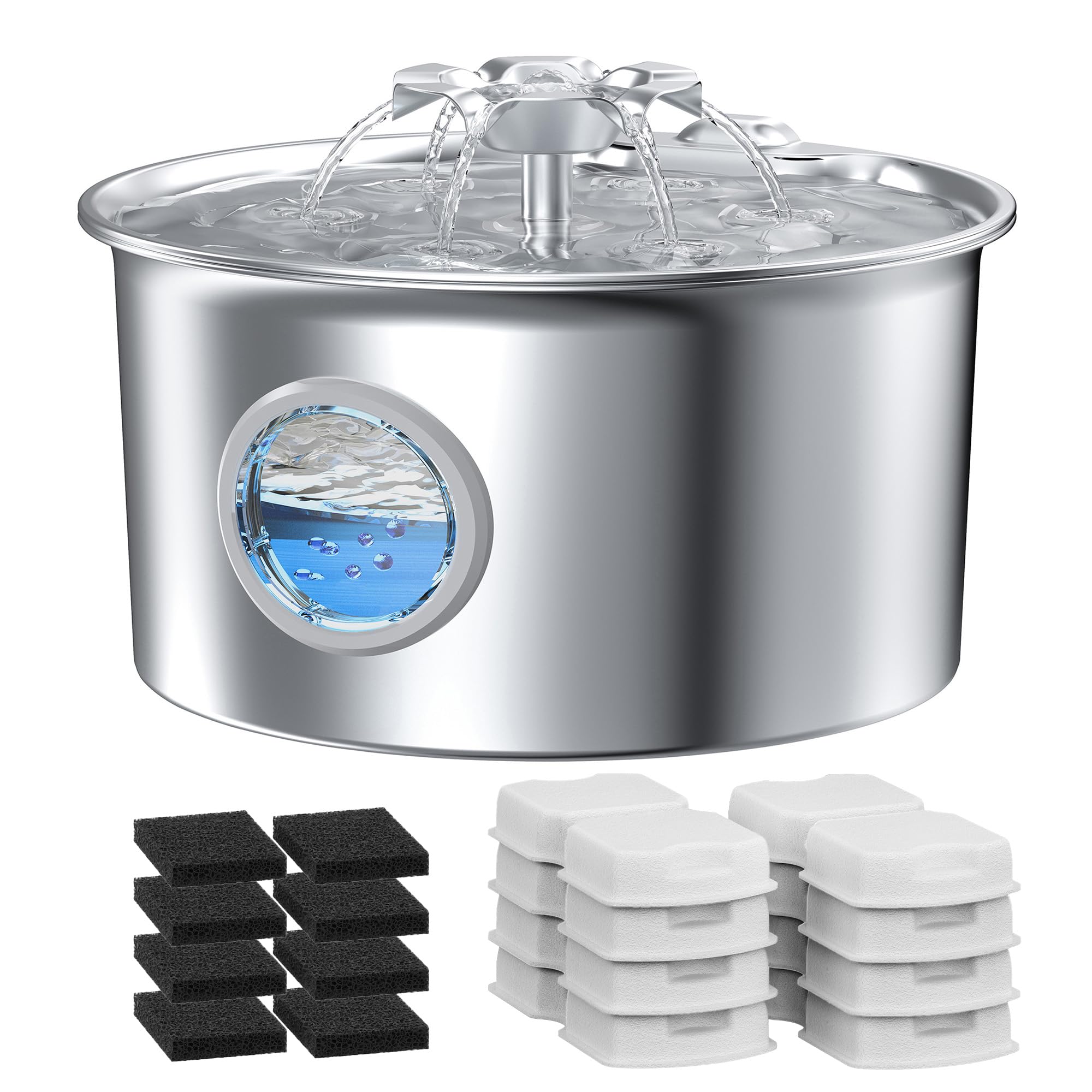 Fontanella Gatti Acciaio Fontana per Gatto: Fontanella Gatto Automatico - 2.6L Distributore Acqua Gatti - Fontana per Cani - Dispenser Acqua Cani - Cascata di Fiori - con 8 Filtris + 8 Spugnes