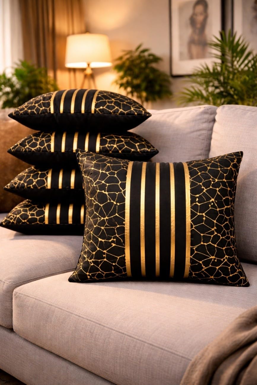 LOFEY Velvet Set of 5 Cushion Covers 16 inch x 16 inch (40x40 cm), Decorative Striped Sofa Cushion Cover Set, Soft Throw Pillow Covers for Living Room Bedroom Home Decor (Black)-image-31