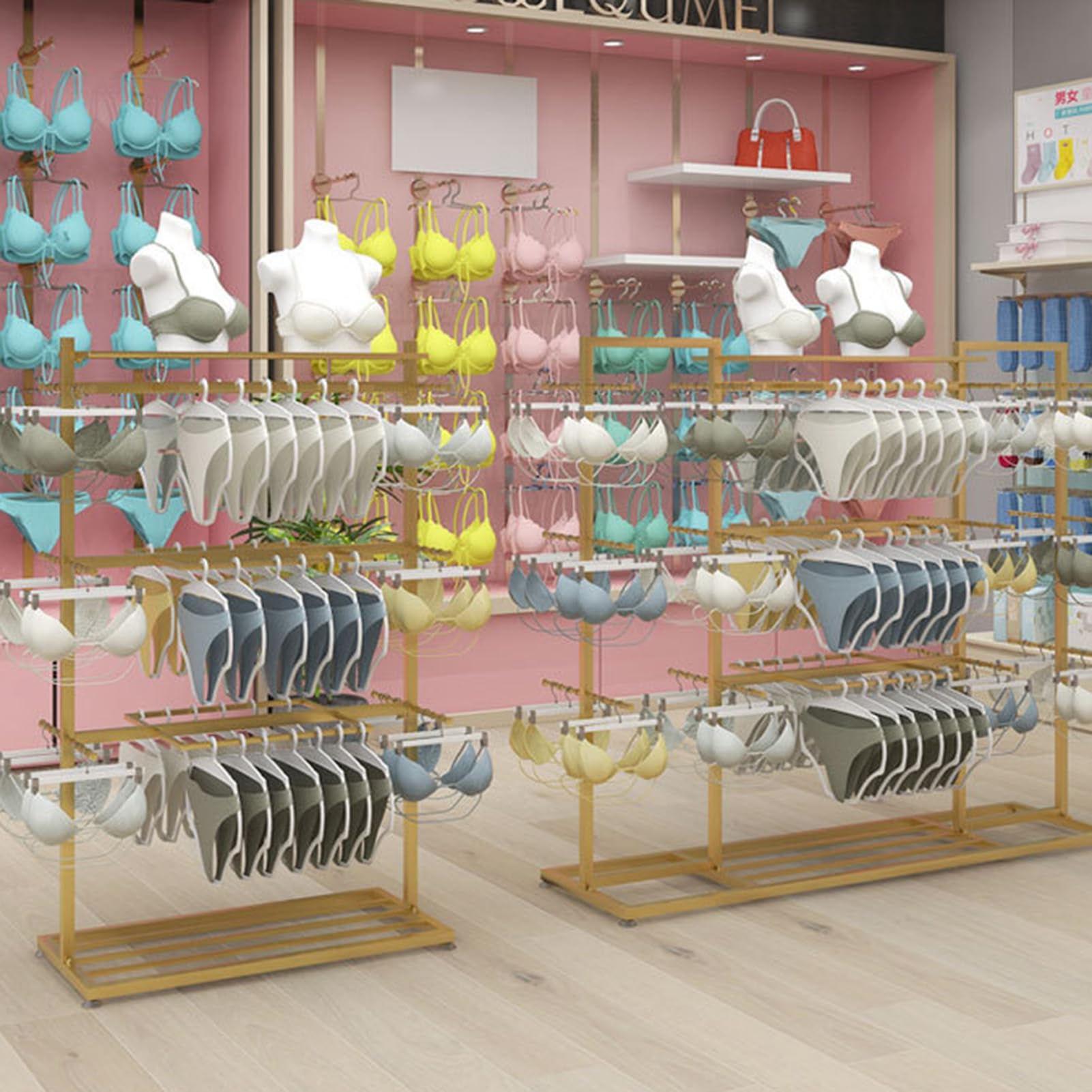 Espositore in Metallo Resistente per Biancheria Intima con Porta Reggiseni, Slip, Calzini e Appendiabiti, Ideale per Negozi al Dettaglio, mercati agricoli e Centri Commerciali.