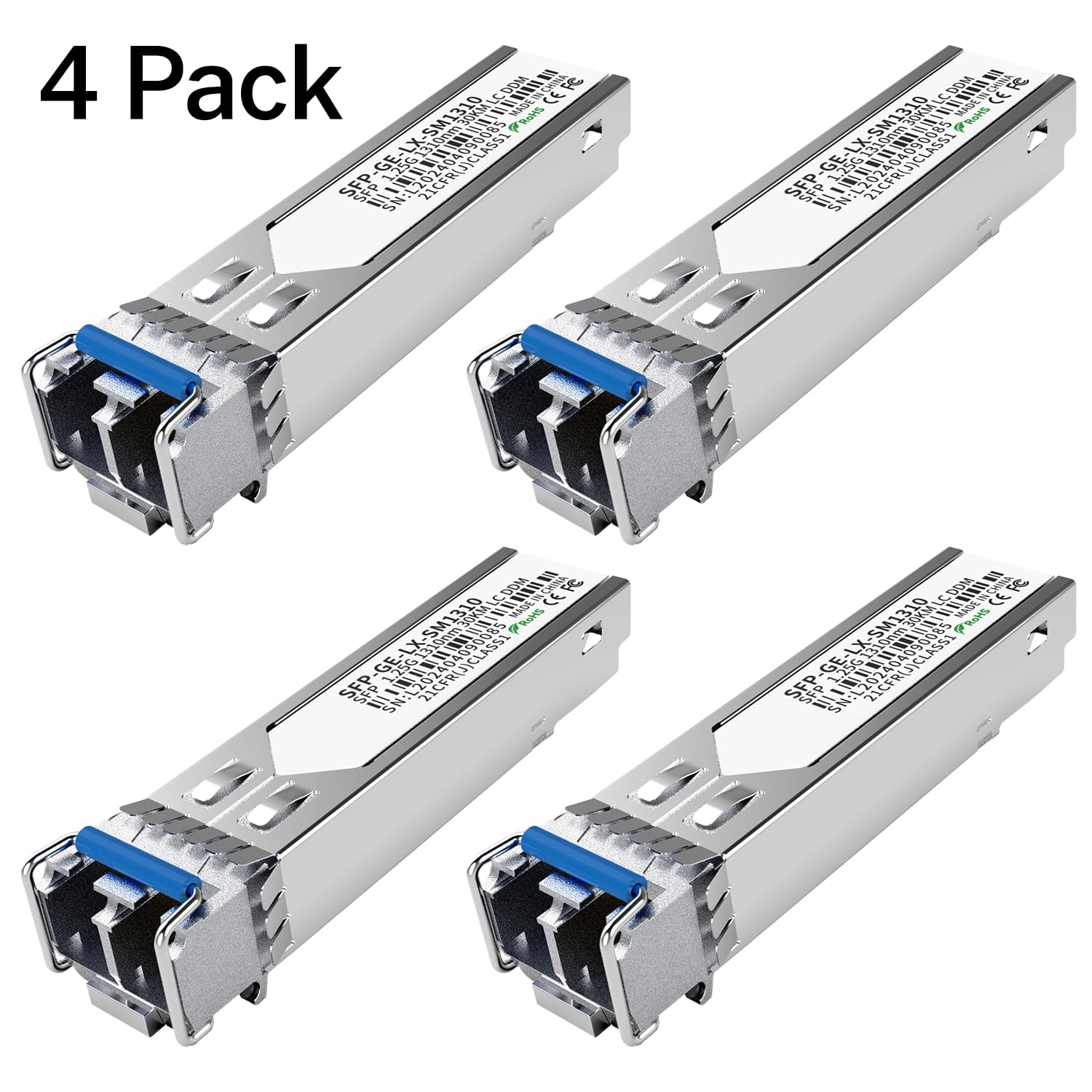 4er-Pack 1.25G SFP LC Modul 1000Base-LX Singlemode Transceiver (SMF, 1310nm, 20km, DDM) – Kompatibel mit Cisco, Ubiquiti, Meraki, Netgear, Fortinet, Mikrotik, TP-Link, Aruba u.v.m.