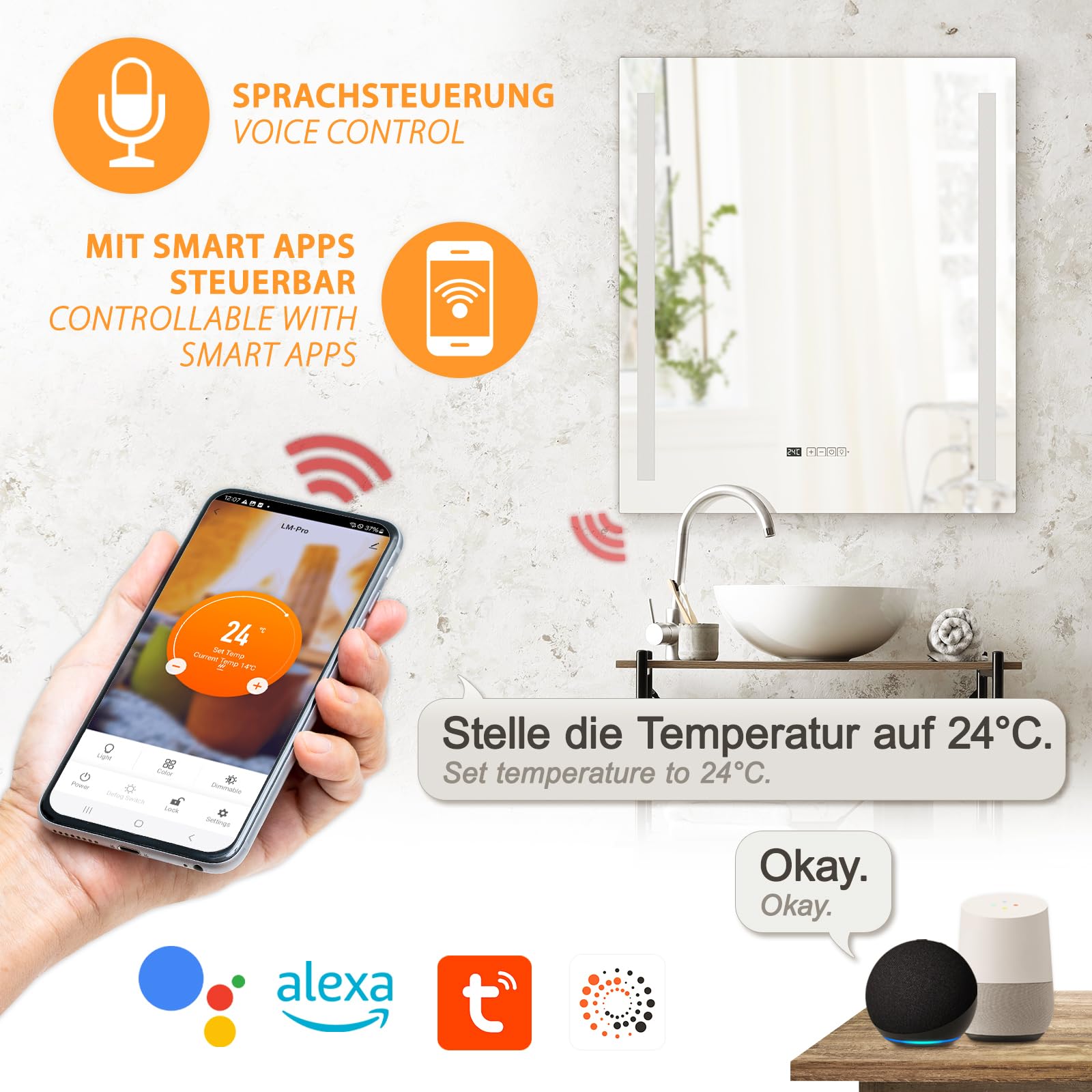 Infrarot Spiegelheizung Heizspiegel LM400-Pro 70x80cm 400W mit Beleuchtung, Tuya Smart App, Antibeschlag Spiegel optimal für Bad, Badezimmer
