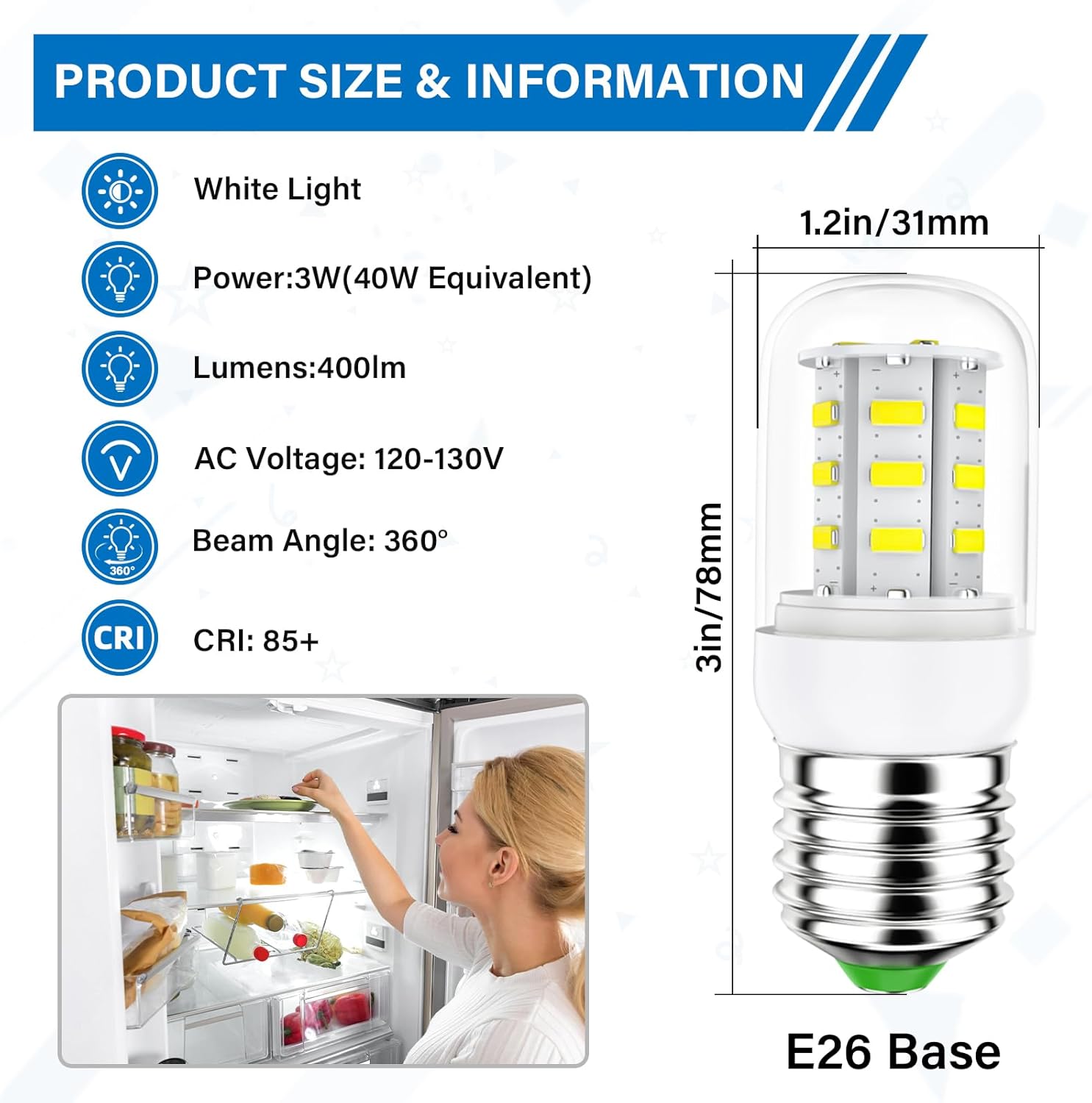 KEI D34L Refrigerator Bulb 5304511738, LED Refrigerator Light Bulb 3.5W Compatible with Frigi-daire, Ken-More, Elect-rolux, Replace AP6278388 PS12364857, White Light, 2 Pack