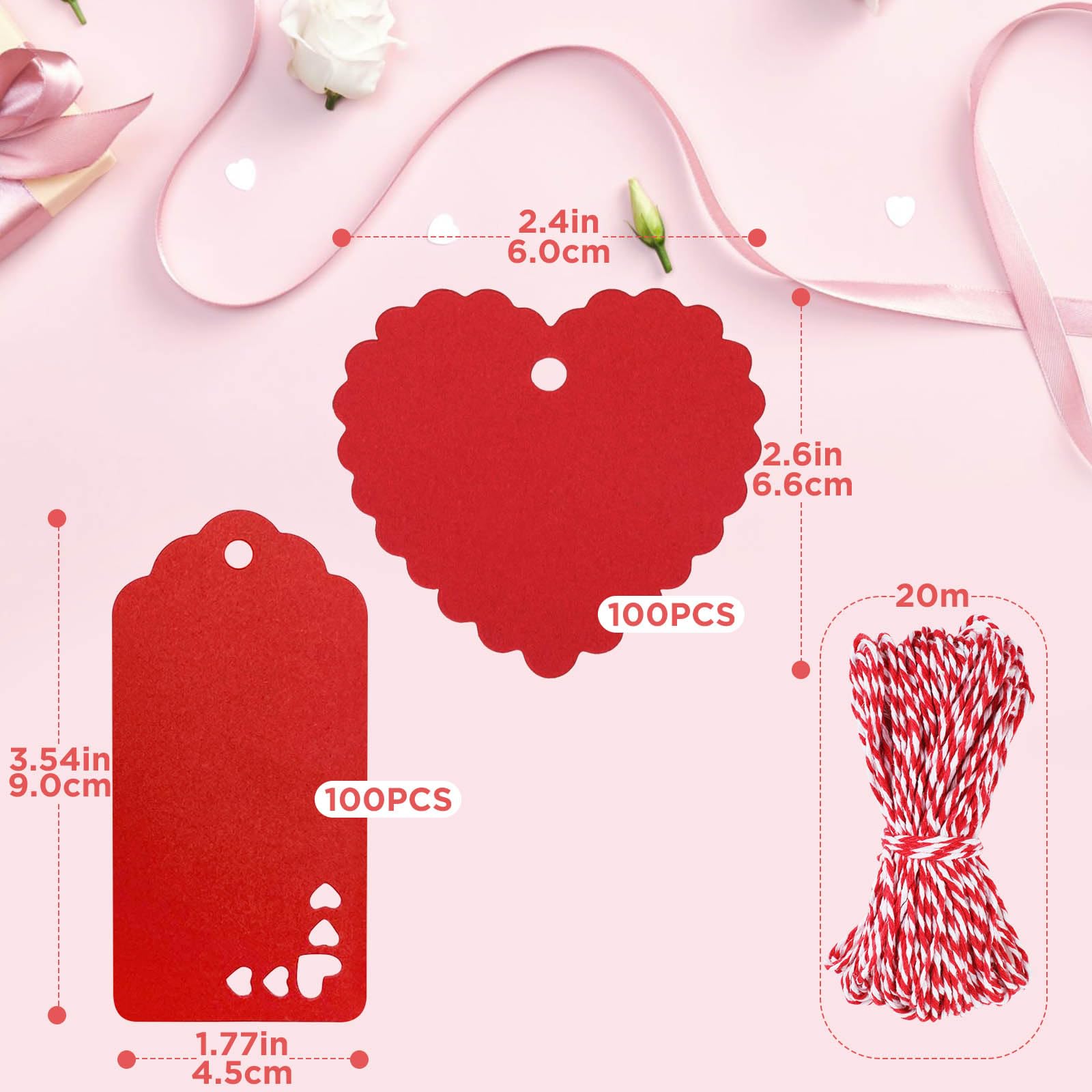 Bighan 200 Pcs Gift Tags Valentine's Day Red with 20M String, Hanging Kraft Paper Tags for Arts & Craft, Luggage Label - Image 2
