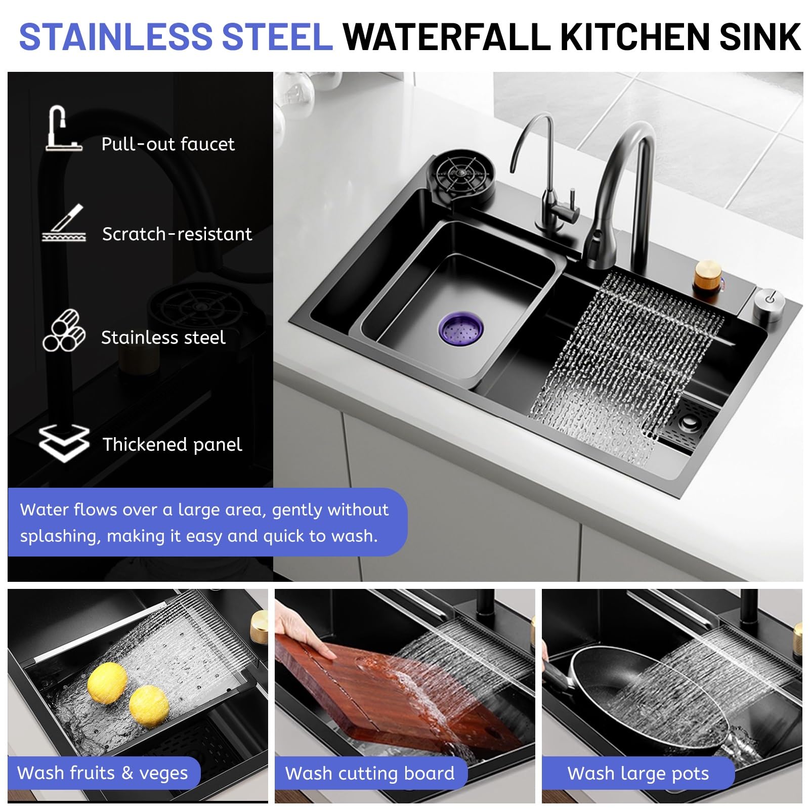 Lavello da Cucina di Grandi Dimensioni con postazione di Lavoro, lavello Multifunzionale per Bar con Rubinetto a Cascata, Kit lavabicchieri e scolapiatti, lavello a Vasca Singola i